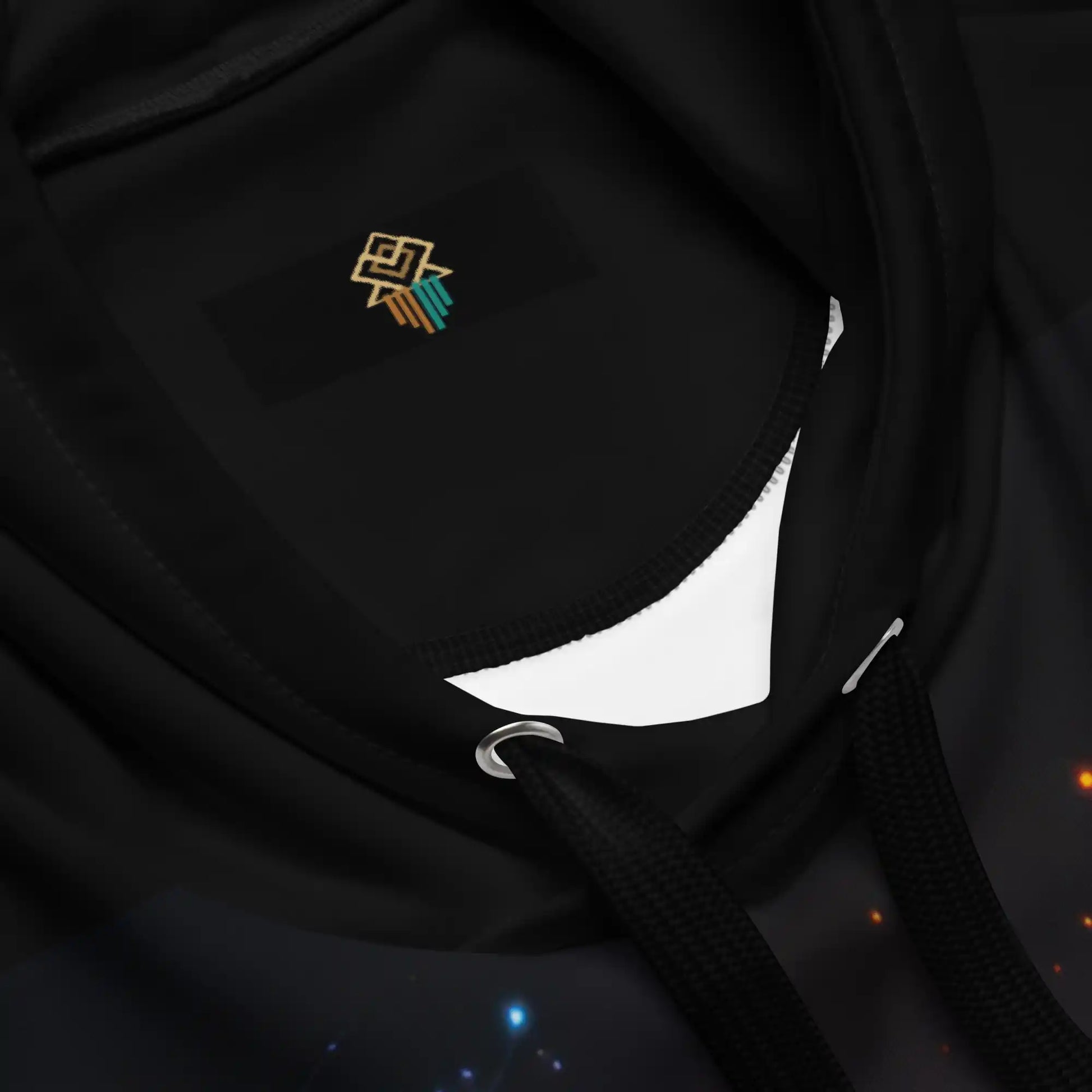 Close-up views of the black hoodie fabric, drawstring and eyelet, hood lining, and stitching details. Highlights the quality of the print on the fabric and garment construction, showing the cosmic art detail.
