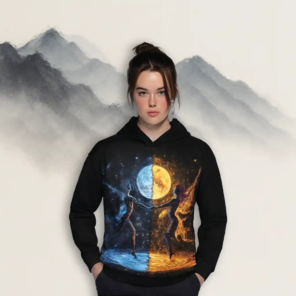 Female model wearing a black hoodie with a vibrant cosmic art print featuring dancing figures and a split moon in blue and orange colors, standing against an artistic mountain backdrop. Shows the wearable art hoodie's fit and lifestyle context.