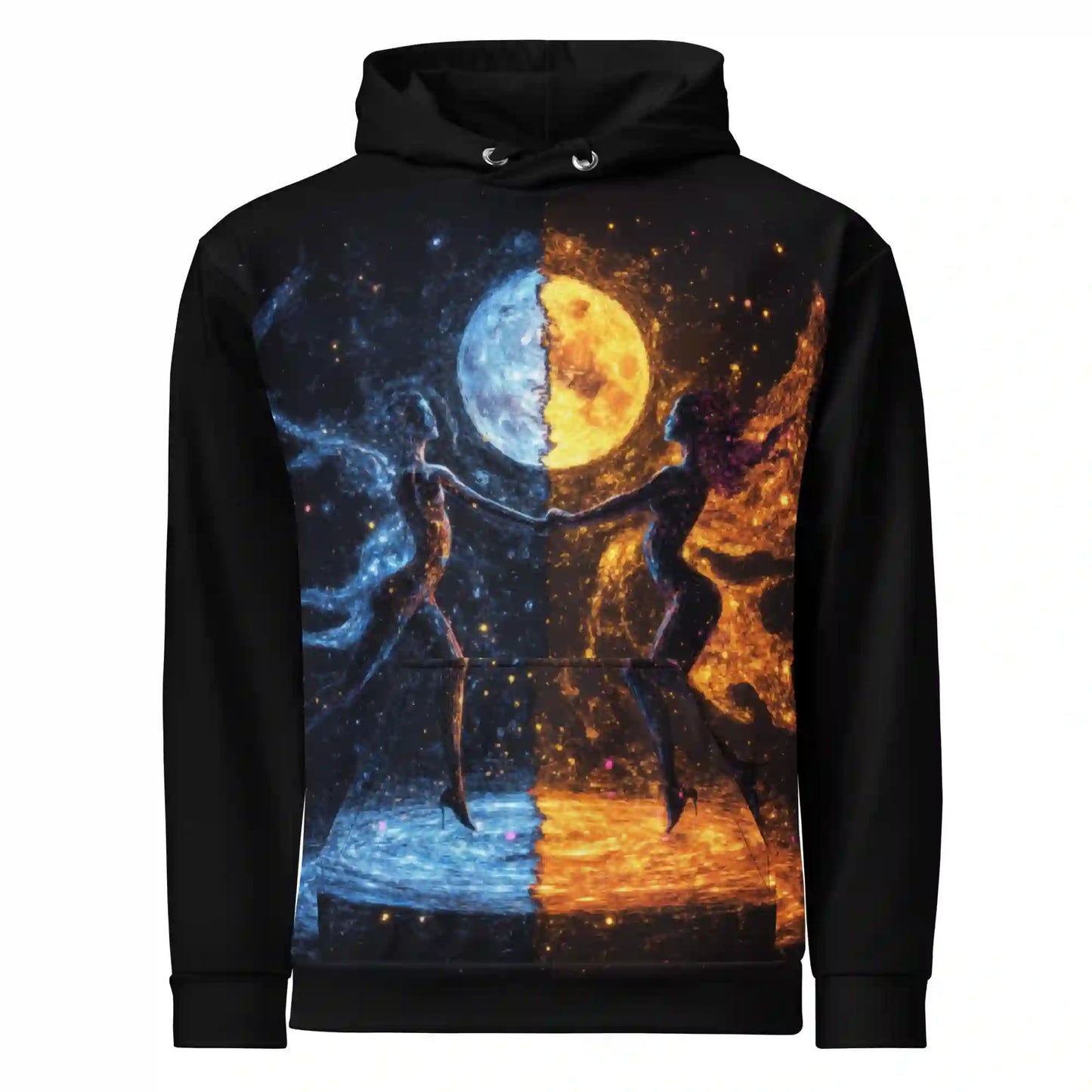 Black hoodie on ghost mannequin, front view. Features a large vibrant cosmic art print on the chest featuring dancing figures and a split moon in blue and orange colors. Shows front fit on a body form.