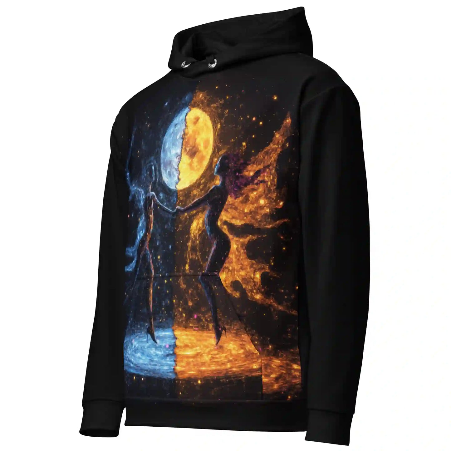 Black hoodie on ghost mannequin, angled front left view. Shows the cosmic art print wrapping slightly from the front onto the side and sleeve. Shows side fit on a body form.