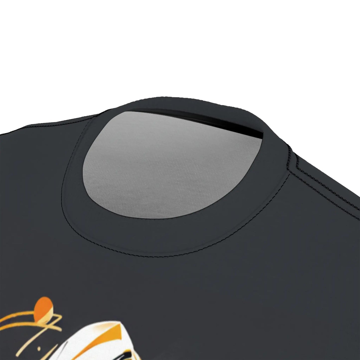 Close-up views of the dark grey t-shirt fabric, neckline ribbing, and seams. Shows material texture and construction details.