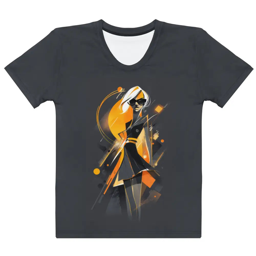 Dark grey t-shirt, flat lay front view. Features a large graphic print on the chest of a stylized figure with orange hair and geometric abstract elements. Shows the full print design clearly.