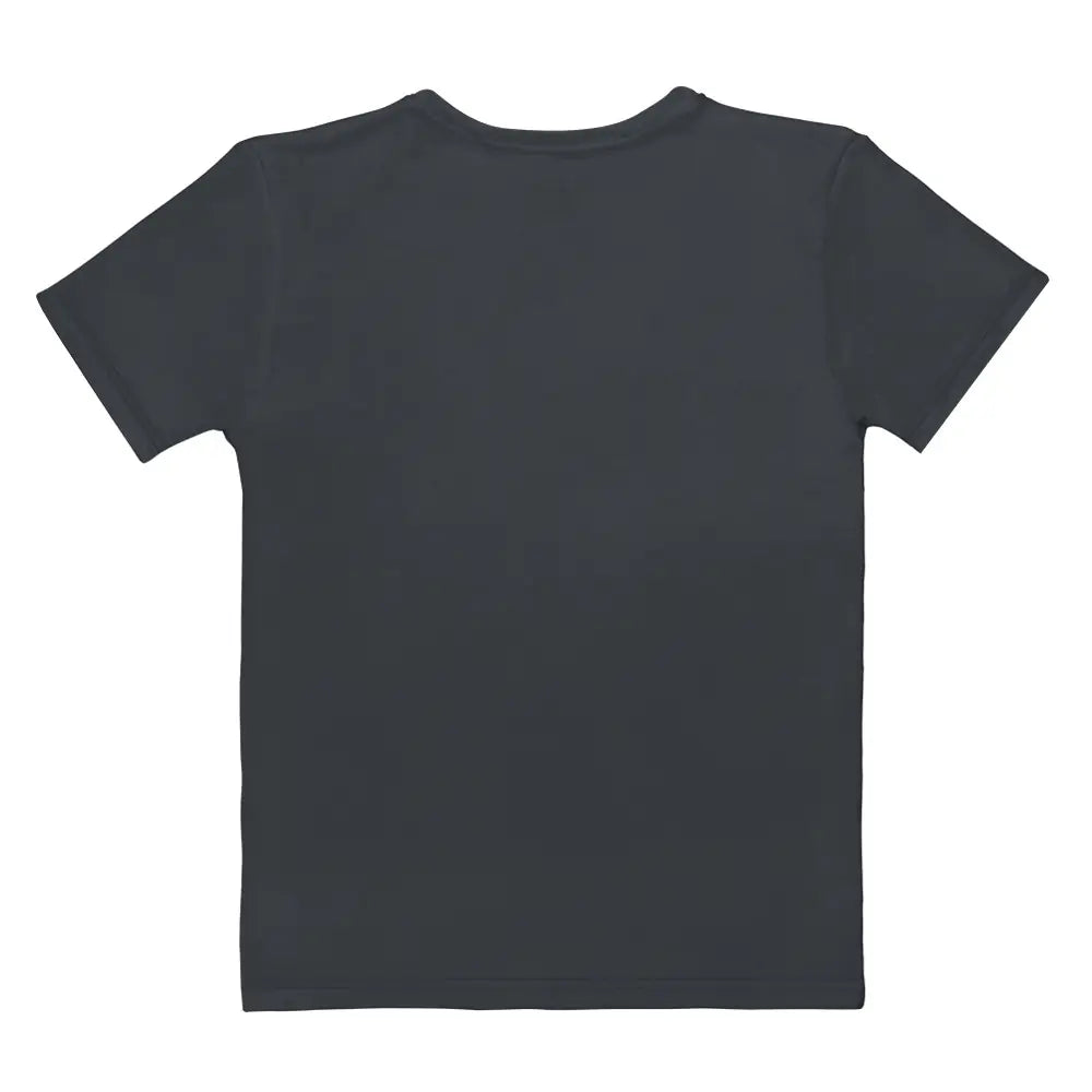 Dark grey t-shirt, flat lay back view. Garment is plain dark grey with no print.