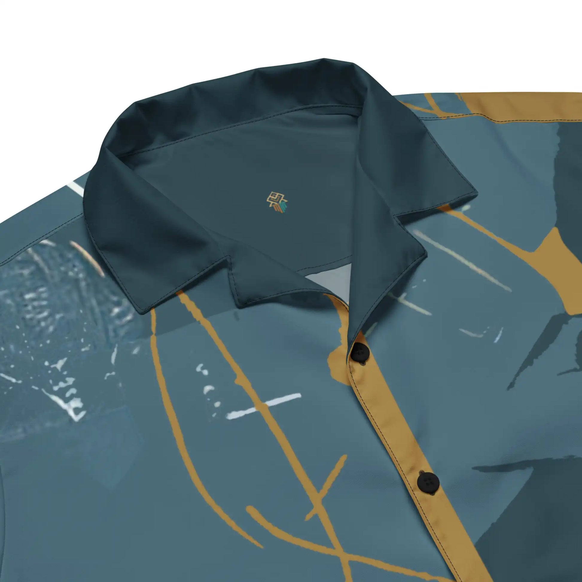 Close-up views of the button-up shirt. Shows fabric texture, buttons, collar shape, stitching, and detail of the abstract print quality.