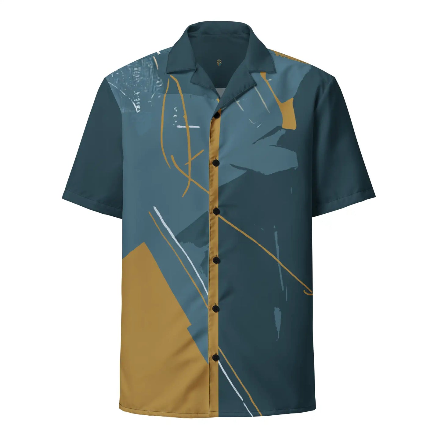 Short-sleeve button-up shirt on ghost mannequin, front view. Features an all-over abstract print design in teal, gold, yellow, and white. Shows front fit on a body form.