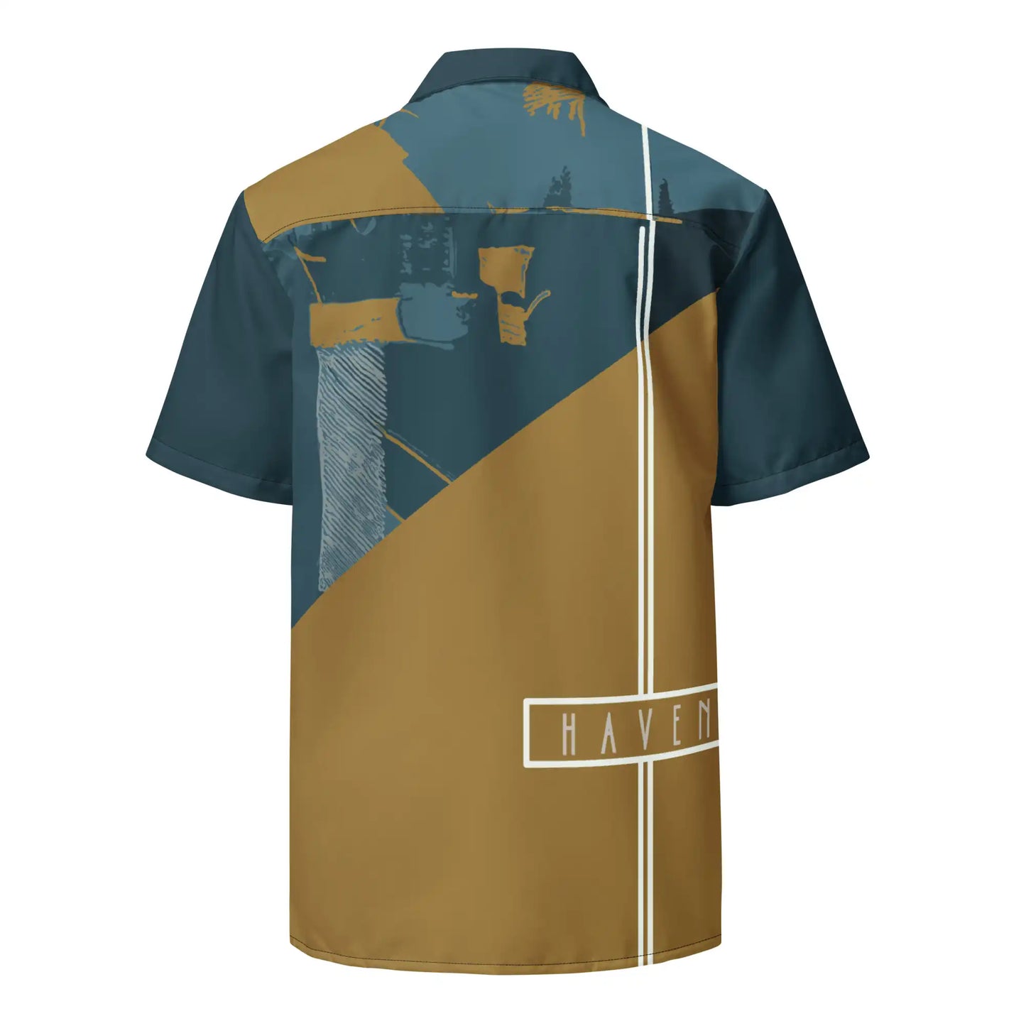 Short-sleeve button-up shirt on ghost mannequin, back view. Features an all-over abstract print design in teal, gold, yellow, and white. Shows back fit on a body form.