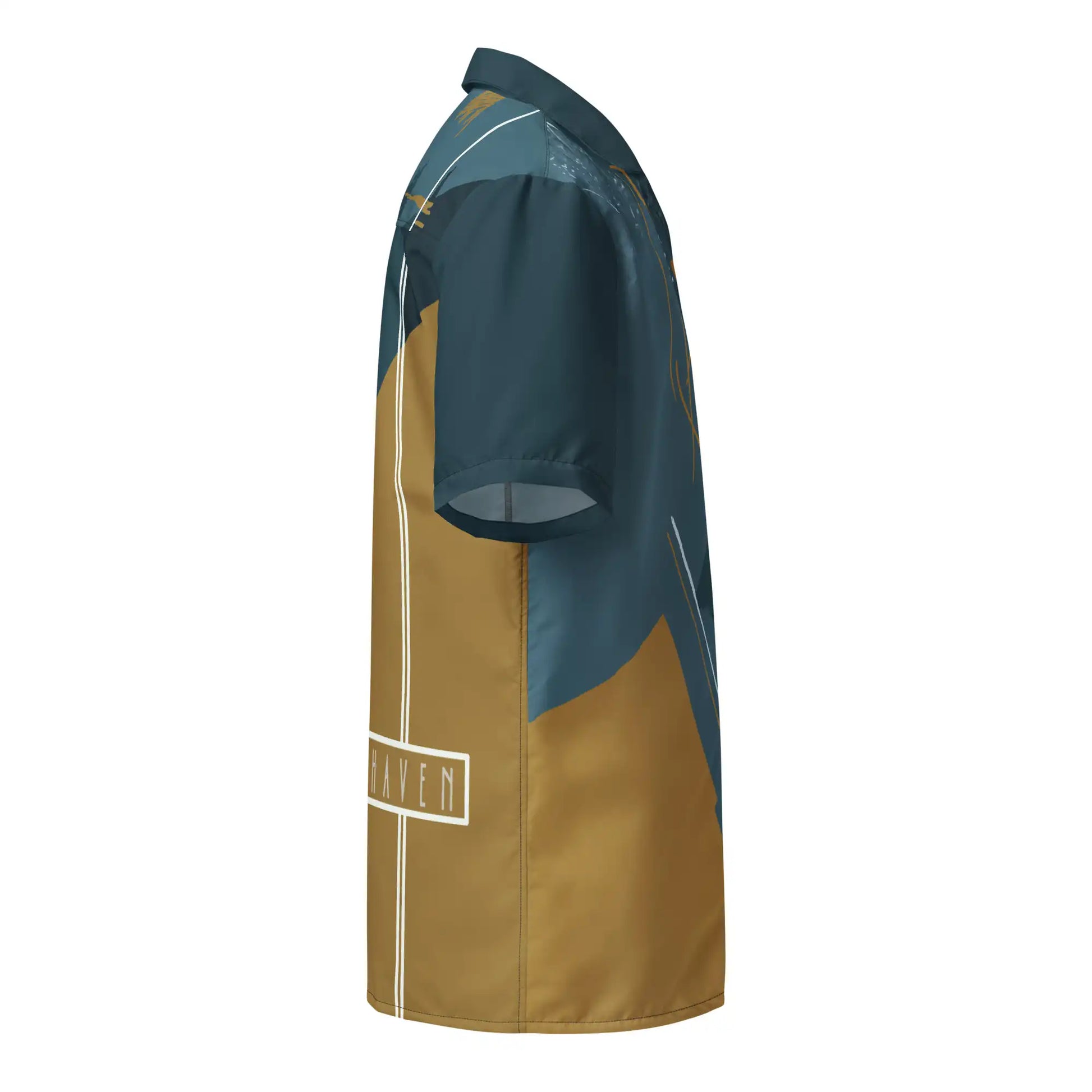 Short-sleeve button-up shirt on ghost mannequin, right side view. Shows the abstract print design wrapping from front to back and onto the right sleeve. Shows side fit on a body form.