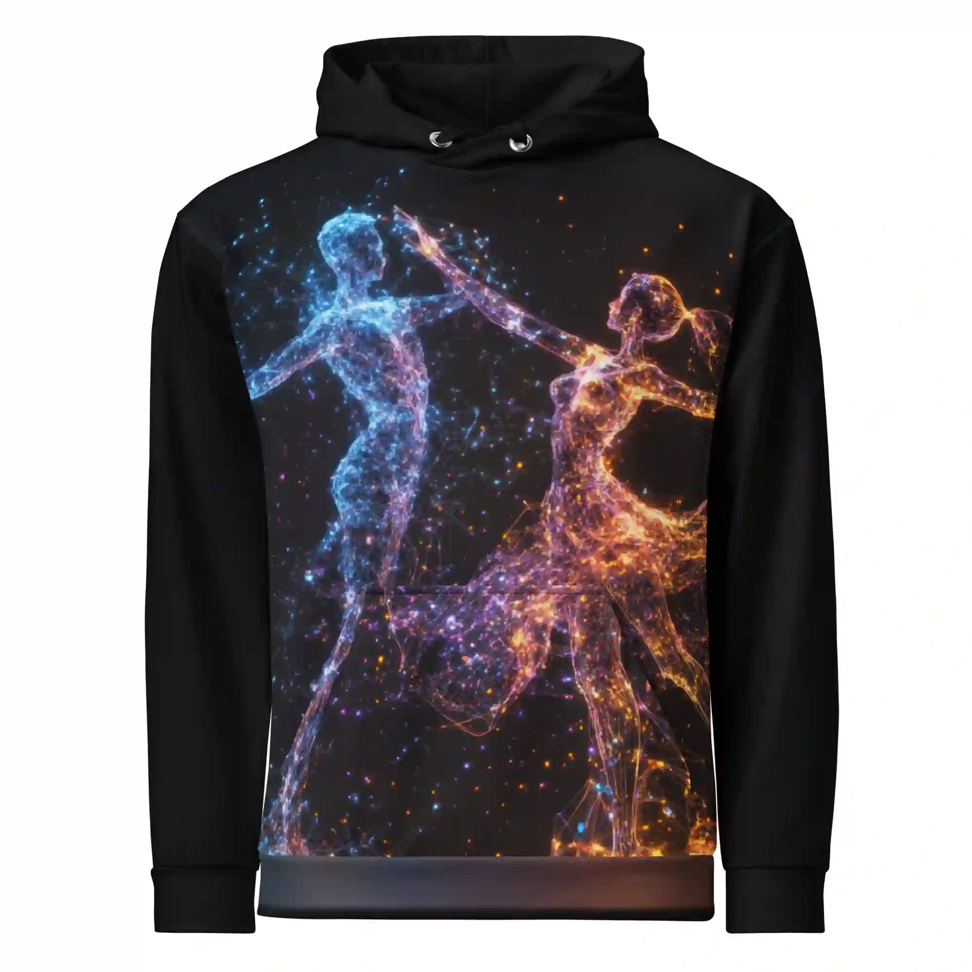 Black hoodie on ghost mannequin, front view. Features a large vibrant particle art print on the chest featuring dancing figures in blue and orange light. Shows front fit on a body form.