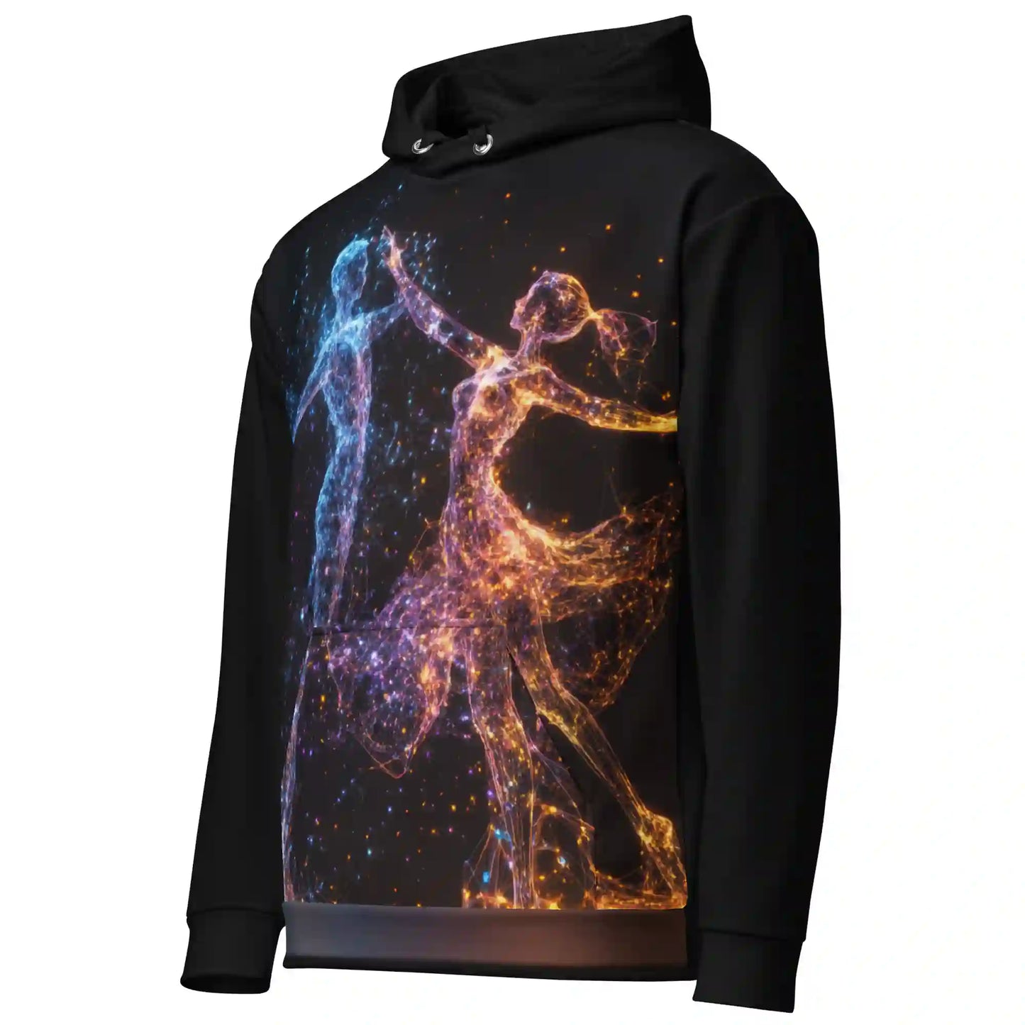 Black hoodie on ghost mannequin, angled front left view. Shows the particle art print wrapping slightly from the front onto the side and sleeve. Shows side fit on a body form.