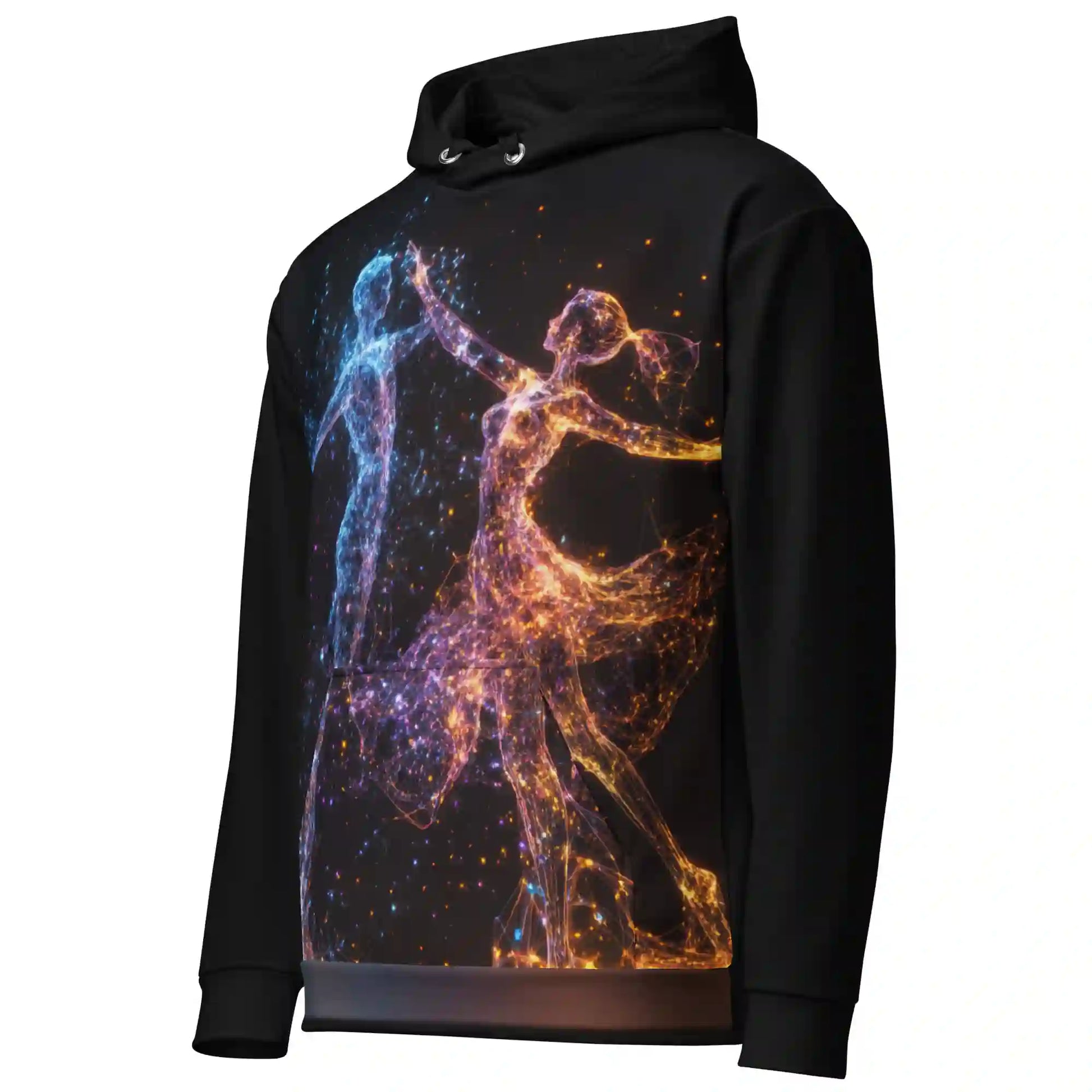 Black hoodie on ghost mannequin, angled front left view. Shows the particle art print wrapping slightly from the front onto the side and sleeve. Shows side fit on a body form.