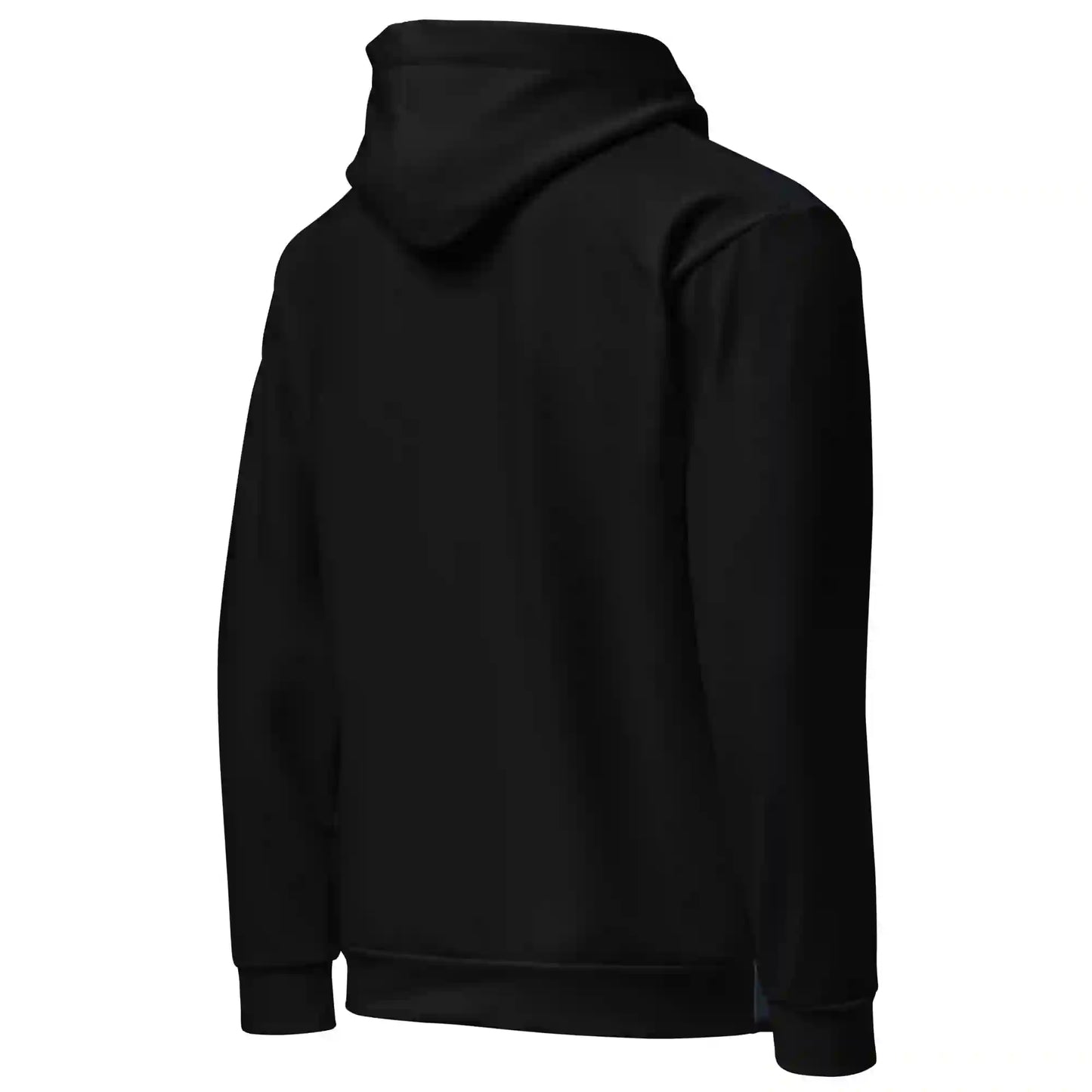 Black hoodie on ghost mannequin, angled back right view. Shows the particle art print wrapping slightly from the back onto the side and sleeve. Shows side fit on a body form.
