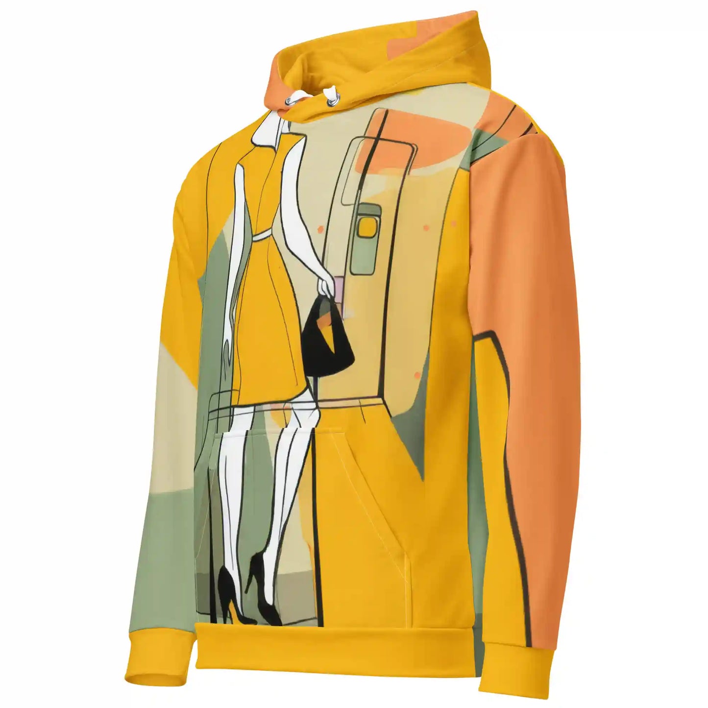 Yellow hoodie on ghost mannequin, angled front left view. Shows design wrapping from front to side and onto the left sleeve. Features portion of stylized figure and abstract background elements. White drawstring and pocket visible.