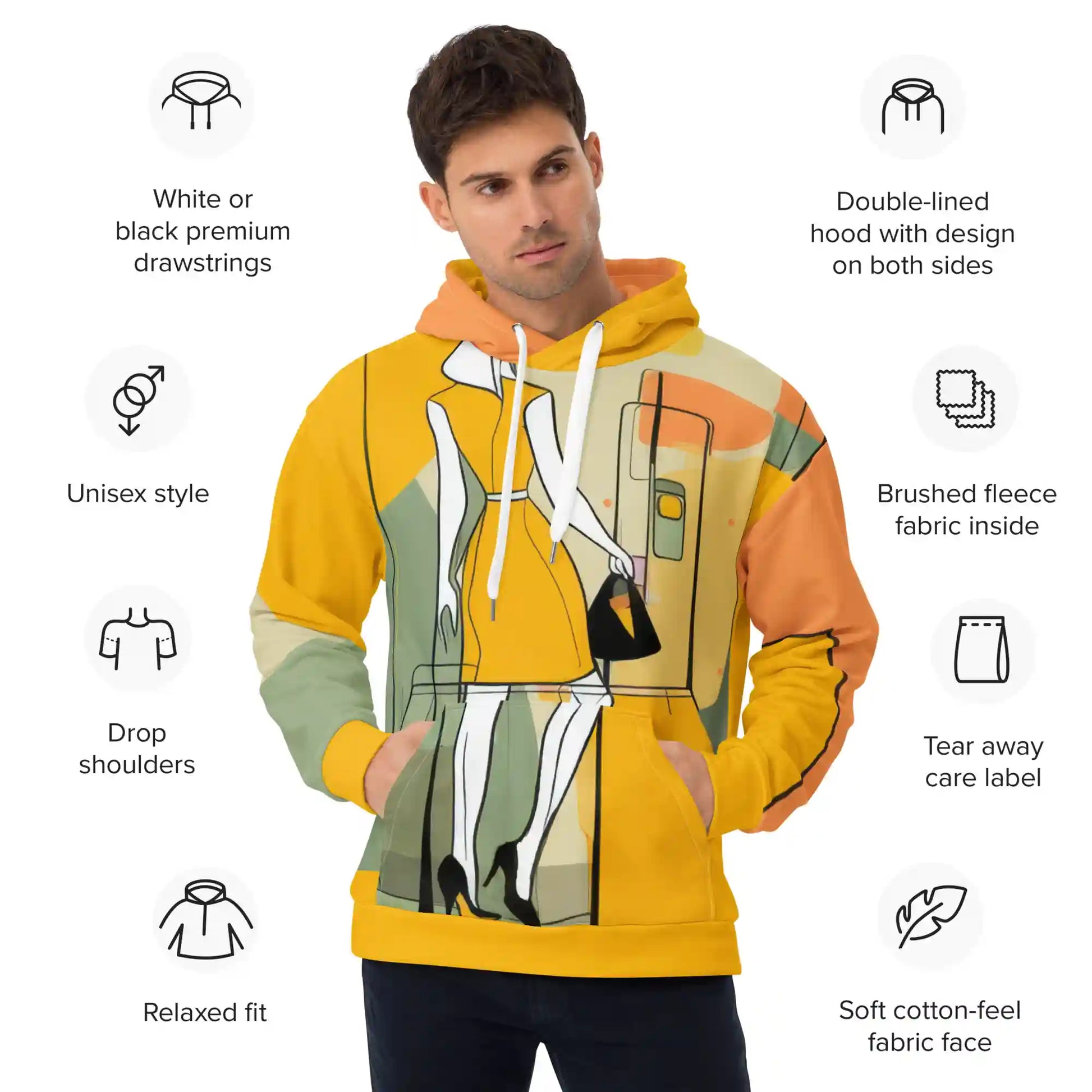 Image of a man wearing the yellow hoodie with all-over print design. Surrounding icons and text highlight product features, including: White or black premium drawstrings, Unisex style, Drop shoulders, Relaxed fit, Double-lined hood with design on both sides, Brushed fleece fabric inside, Tear away care label, Soft cotton-feel fabric face.