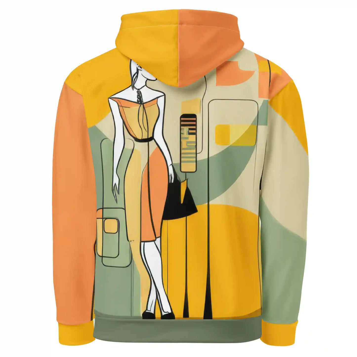 Yellow hoodie on ghost mannequin, back view. Features all-over print design of abstract shapes and lines in orange, teal, and black against a yellow background. Design covers entire back of hoodie. Hood detail shows design print.