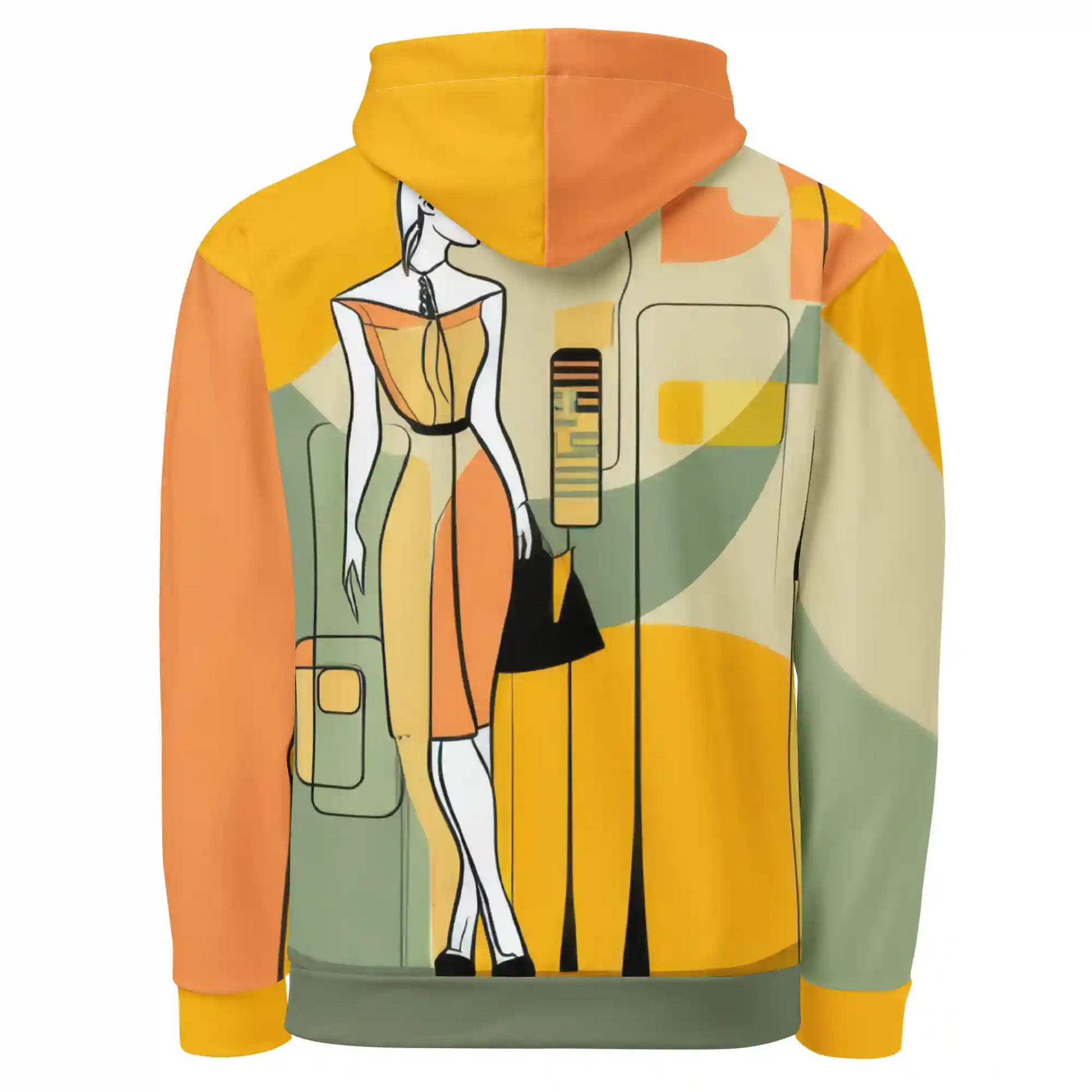 Yellow hoodie on ghost mannequin, back view. Features all-over print design of abstract shapes and lines in orange, teal, and black against a yellow background. Design covers entire back of hoodie. Hood detail shows design print.