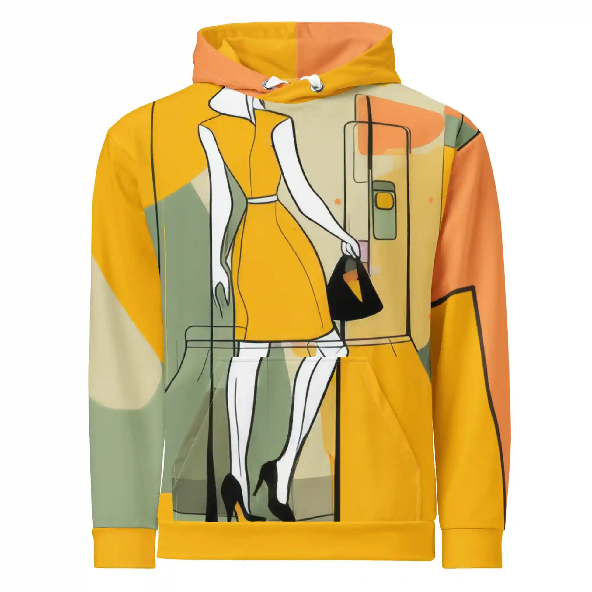 Yellow hoodie on ghost mannequin, front view. Features all-over print design of a stylized figure in a yellow dress with black bag, blended into abstract shapes and lines in orange, teal, and black against a yellow background. Design covers entire front of hoodie, including pockets. White drawstrings visible.