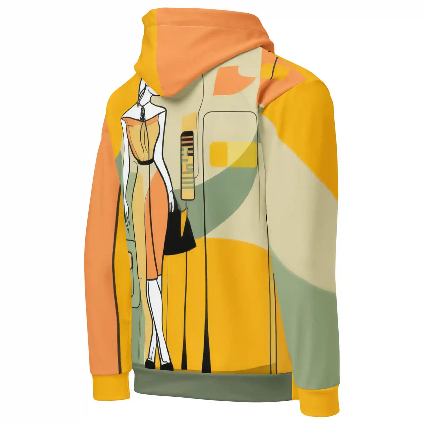 Yellow hoodie on ghost mannequin, angled back right view. Shows design wrapping from back to side and onto the right sleeve. Features abstract background elements covering back and sleeve. Hood print visible.