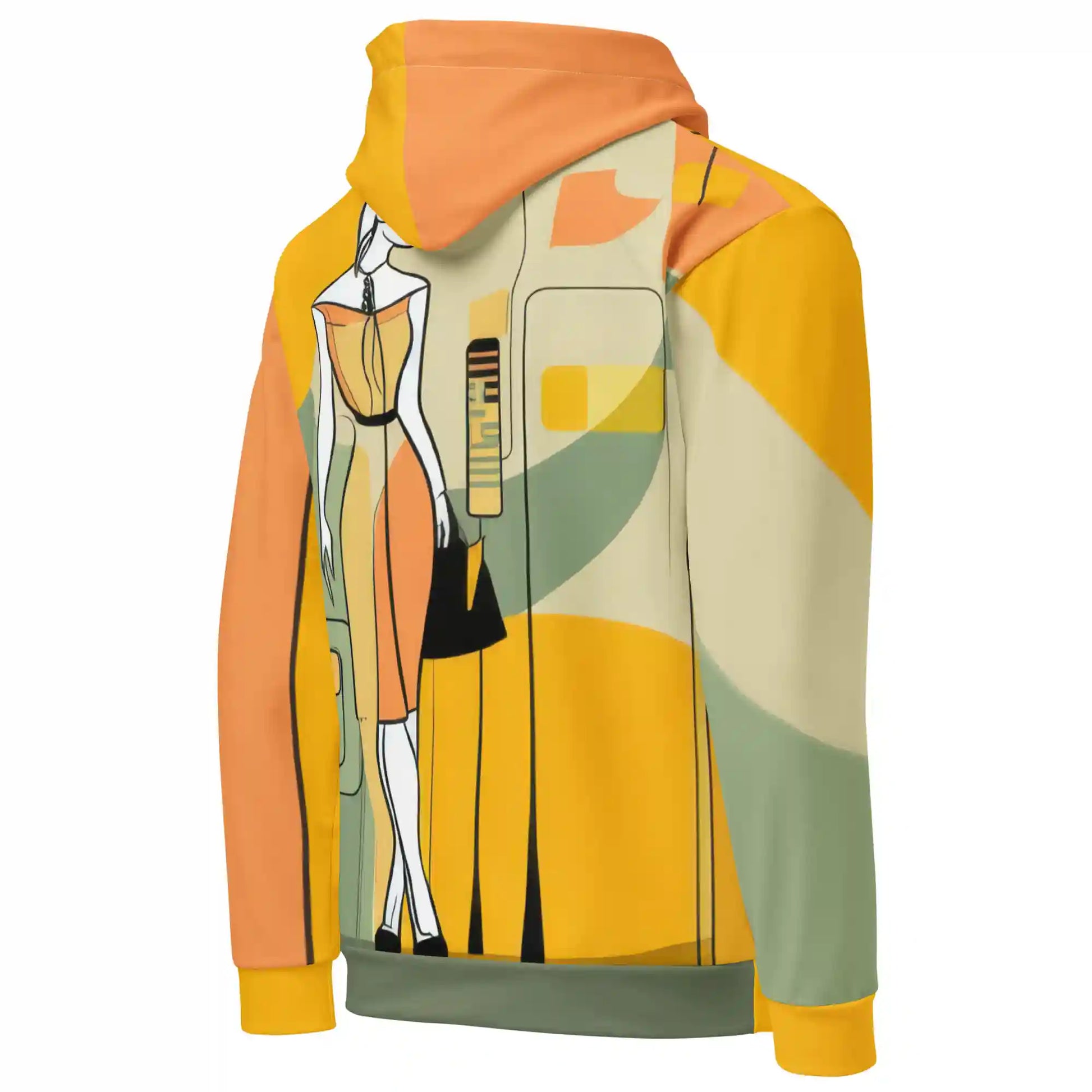 Yellow hoodie on ghost mannequin, angled back right view. Shows design wrapping from back to side and onto the right sleeve. Features abstract background elements covering back and sleeve. Hood print visible.