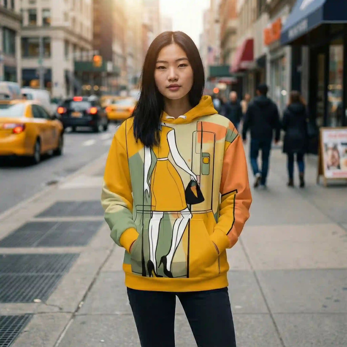 A woman wearing a yellow graphic hoodie with a bold fashion illustration of a woman in a dress and heels, standing on a busy city street with taxis and pedestrians in the background.