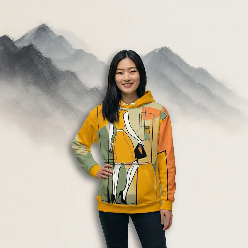 A woman wearing a yellow graphic hoodie featuring a bold fashion illustration of a woman in a dress and heels, standing in front of a painted mountain-style studio backdrop with a soft, minimal aesthetic.