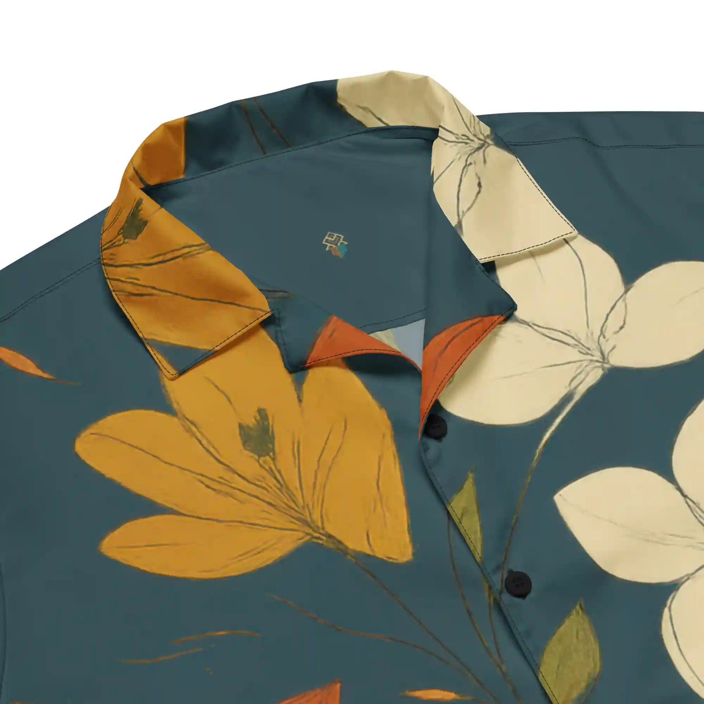 Close-up views of the button-up shirt. Shows teal fabric texture, buttons, collar shape, stitching, and detail of the large floral print quality.