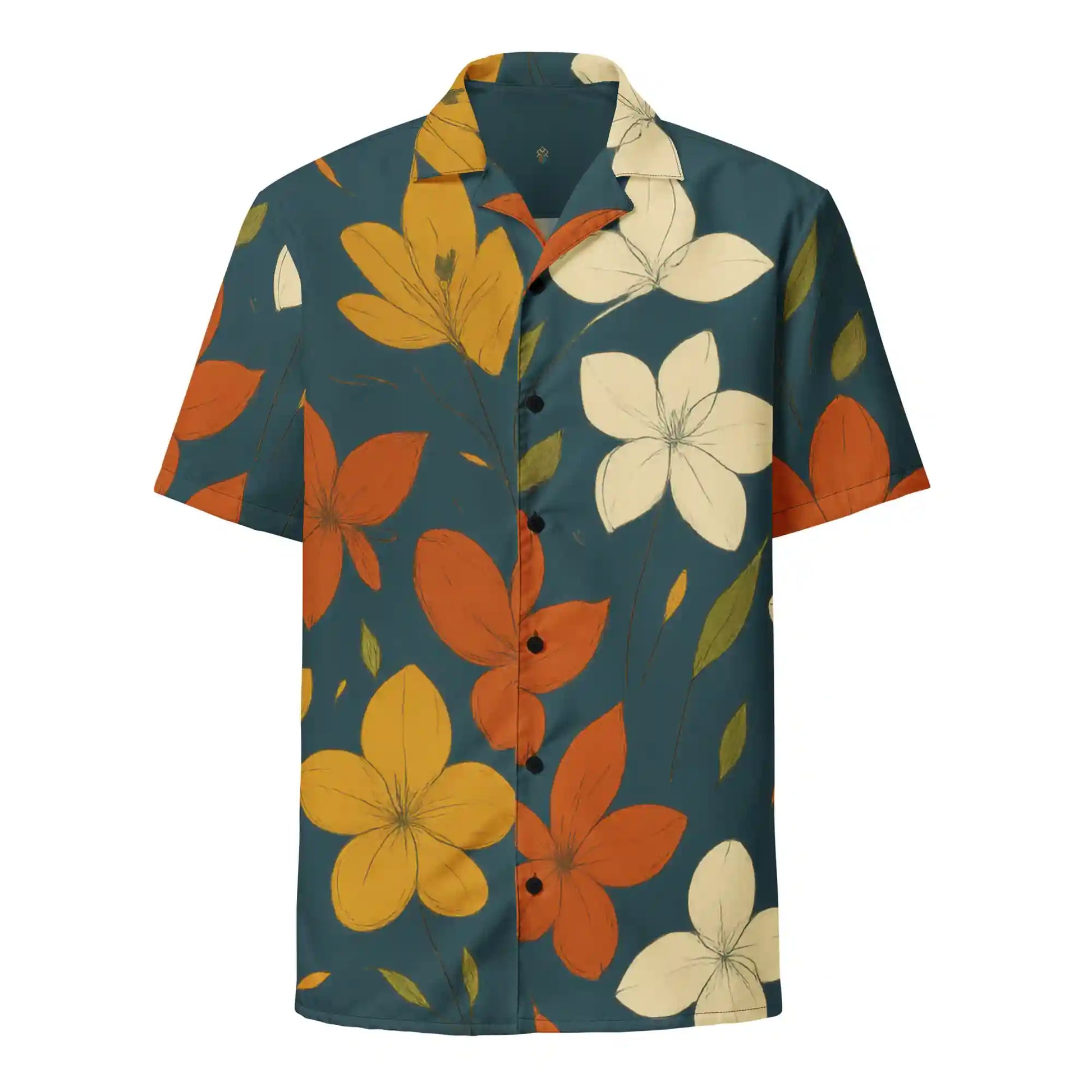 Short-sleeve button-up shirt on ghost mannequin, front view. Features an all-over large floral print in orange, yellow, and white on a teal background. Shows front fit on a body form.