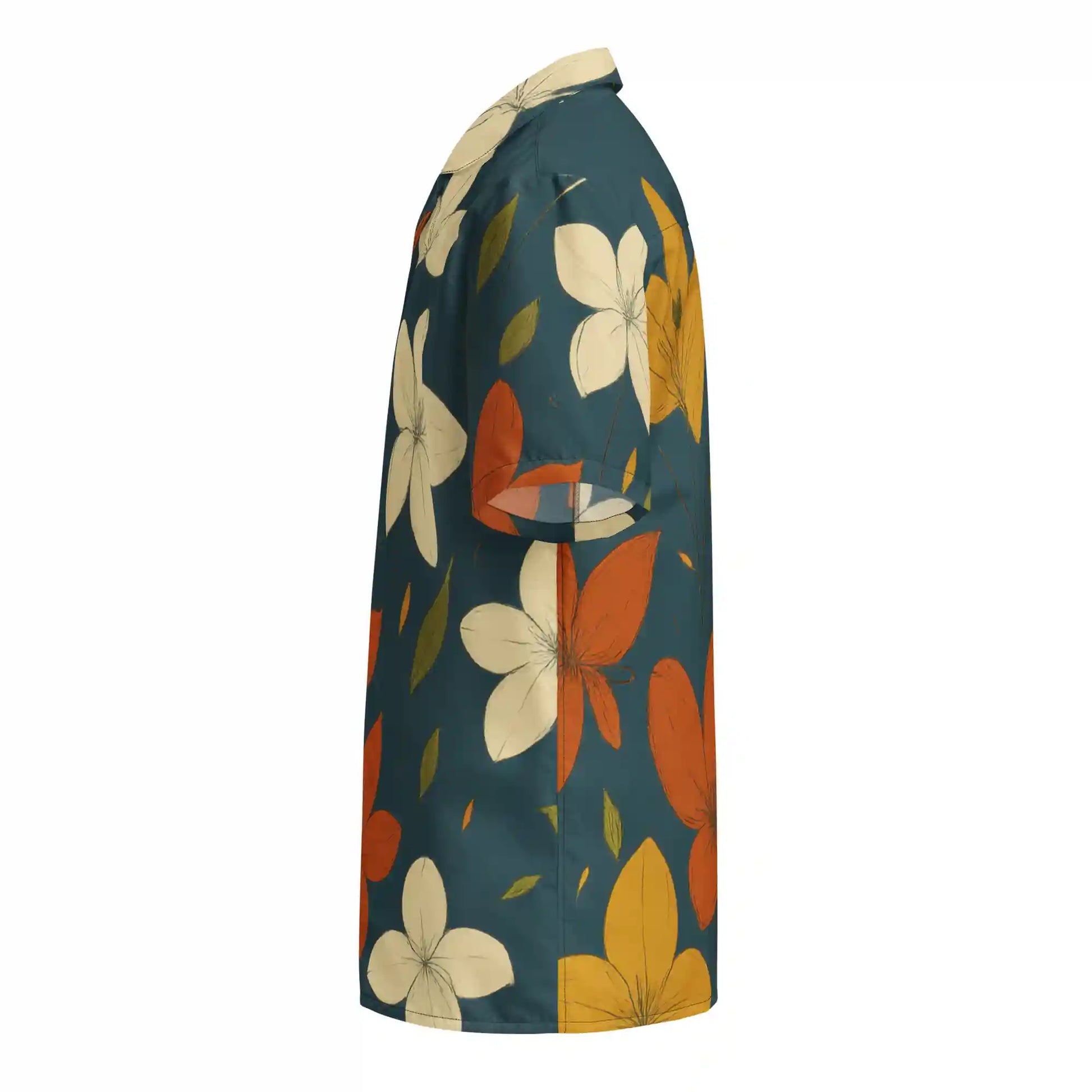 Short-sleeve button-up shirt on ghost mannequin, left side view. Shows the all-over large floral print wrapping from front to back. Shows side fit on a body form.