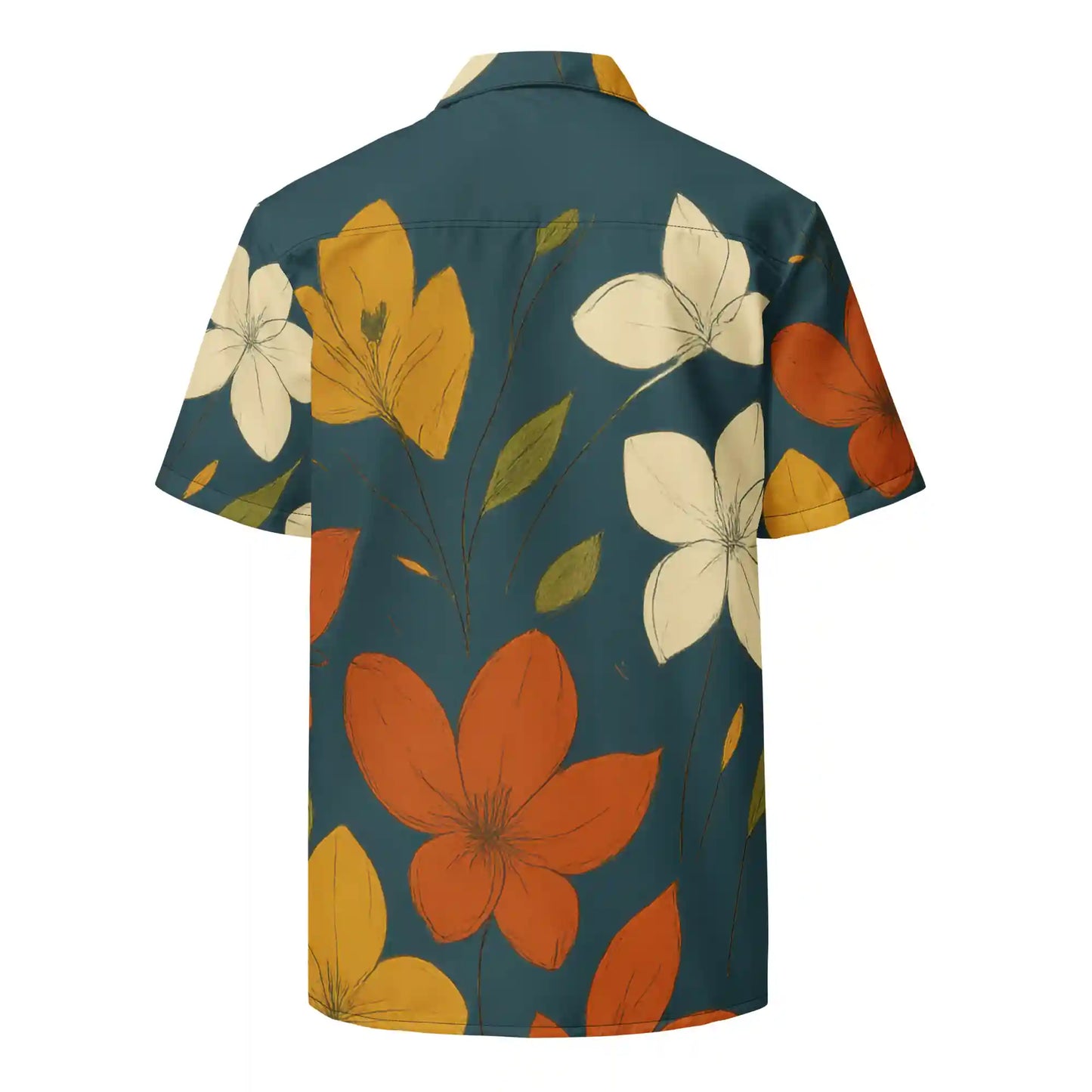 Short-sleeve button-up shirt on ghost mannequin, back view. Features an all-over large floral print in orange, yellow, and white on a teal background. Shows back fit on a body form.