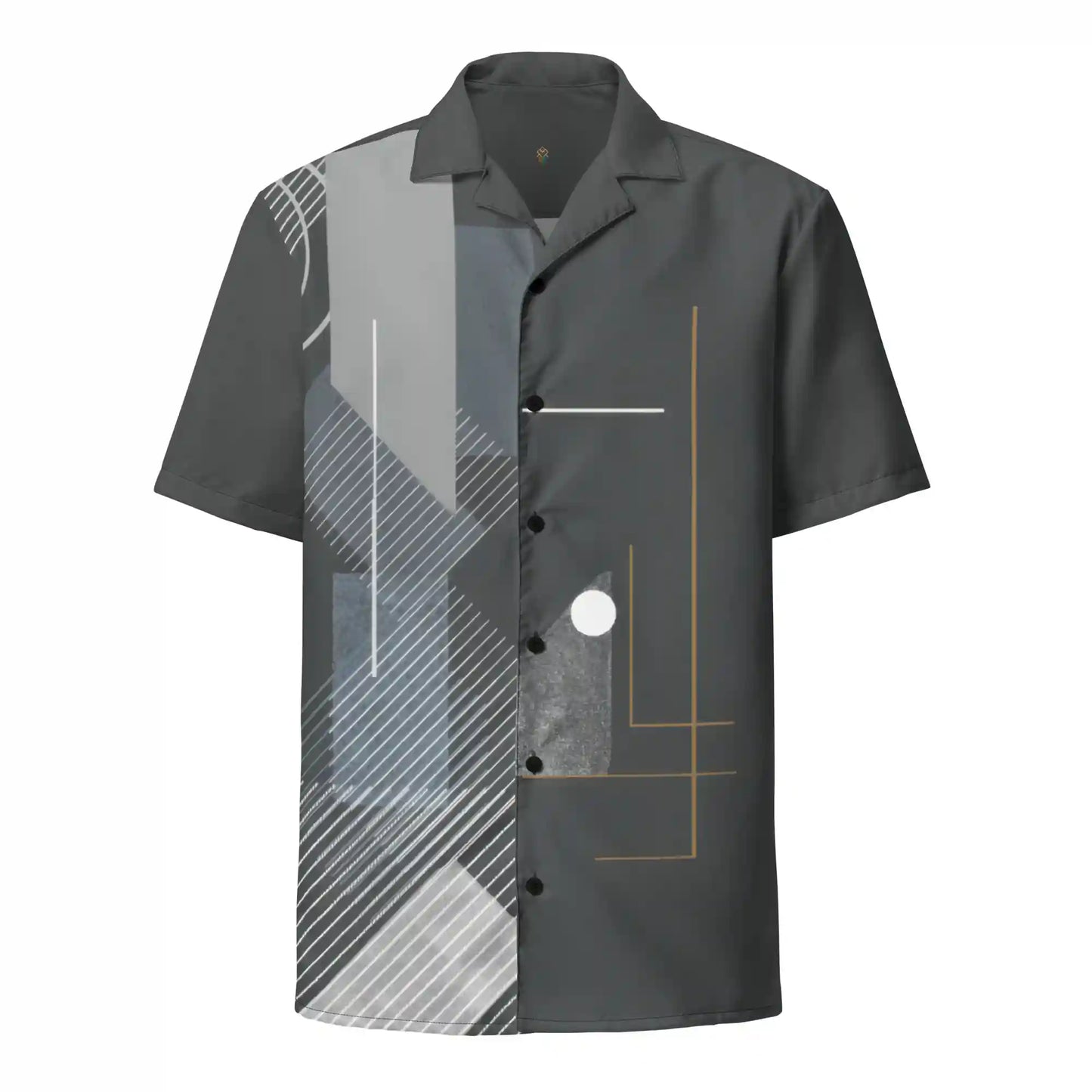 Short-sleeve button-up shirt on ghost mannequin, front view. Features a multi-panel abstract and geometric print in shades of grey, black, and white with linear details. Shows front fit on a body form.