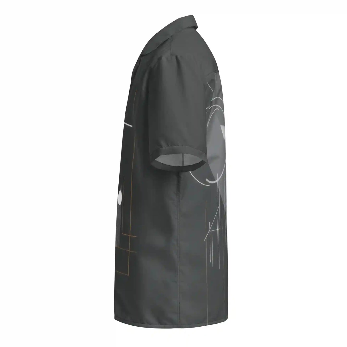 Short-sleeve button-up shirt on ghost mannequin, left side view. Shows the multi-panel abstract and geometric print wrapping from the front to the back and onto the left sleeve. Shows side fit on a body form.