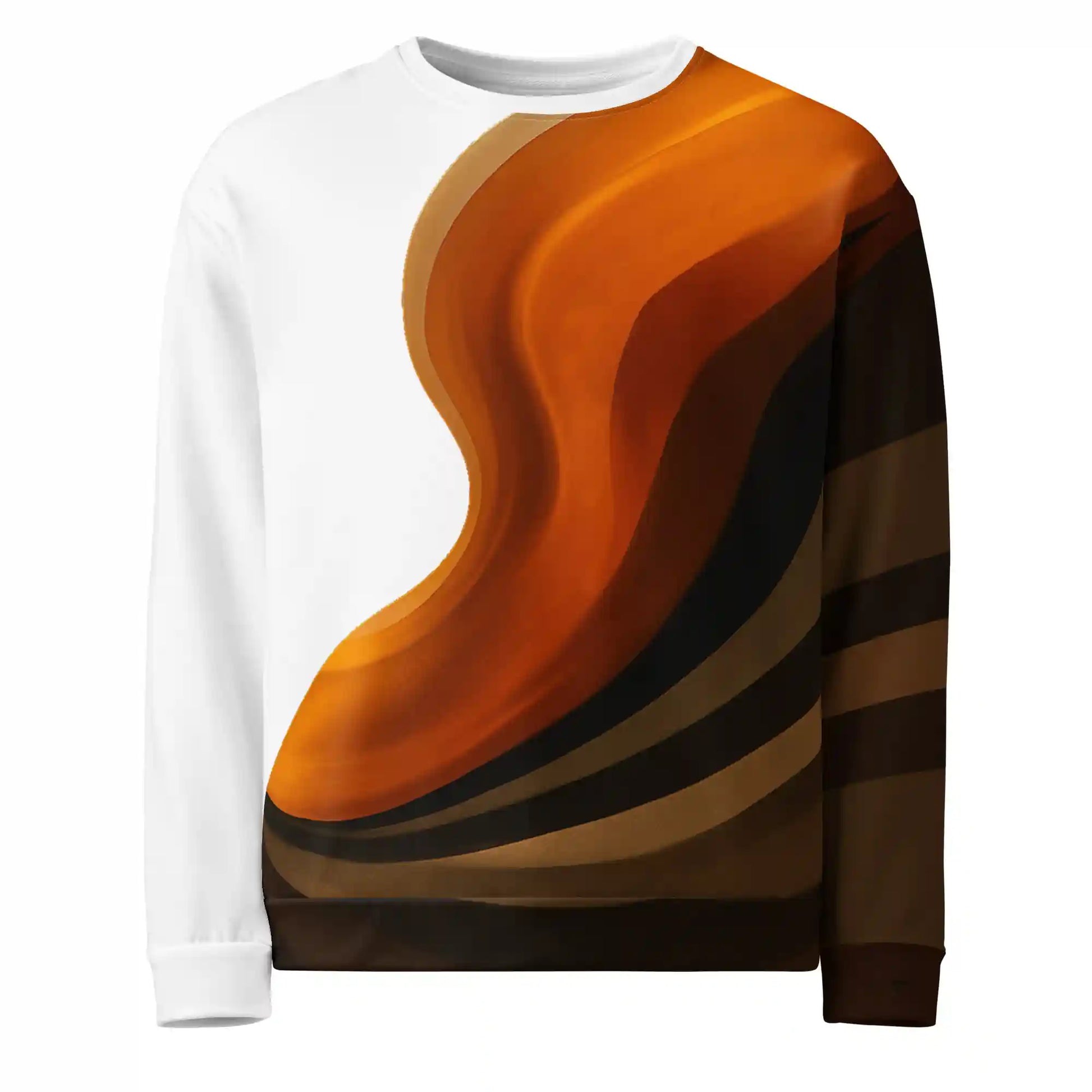 Front ghost mannequin view of swirl abstract sweatshirt, featuring striking orange and brown wave pattern against crisp white base.