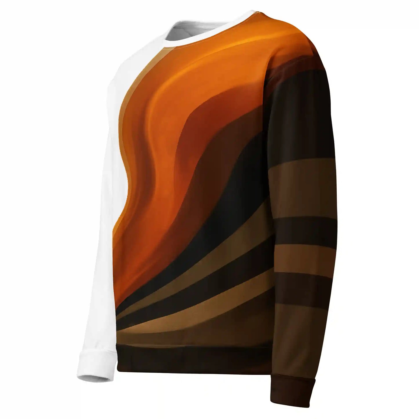Left-front angle of swirl abstract sweatshirt on ghost mannequin, highlighting curved wave design wrapping across chest and sleeve.