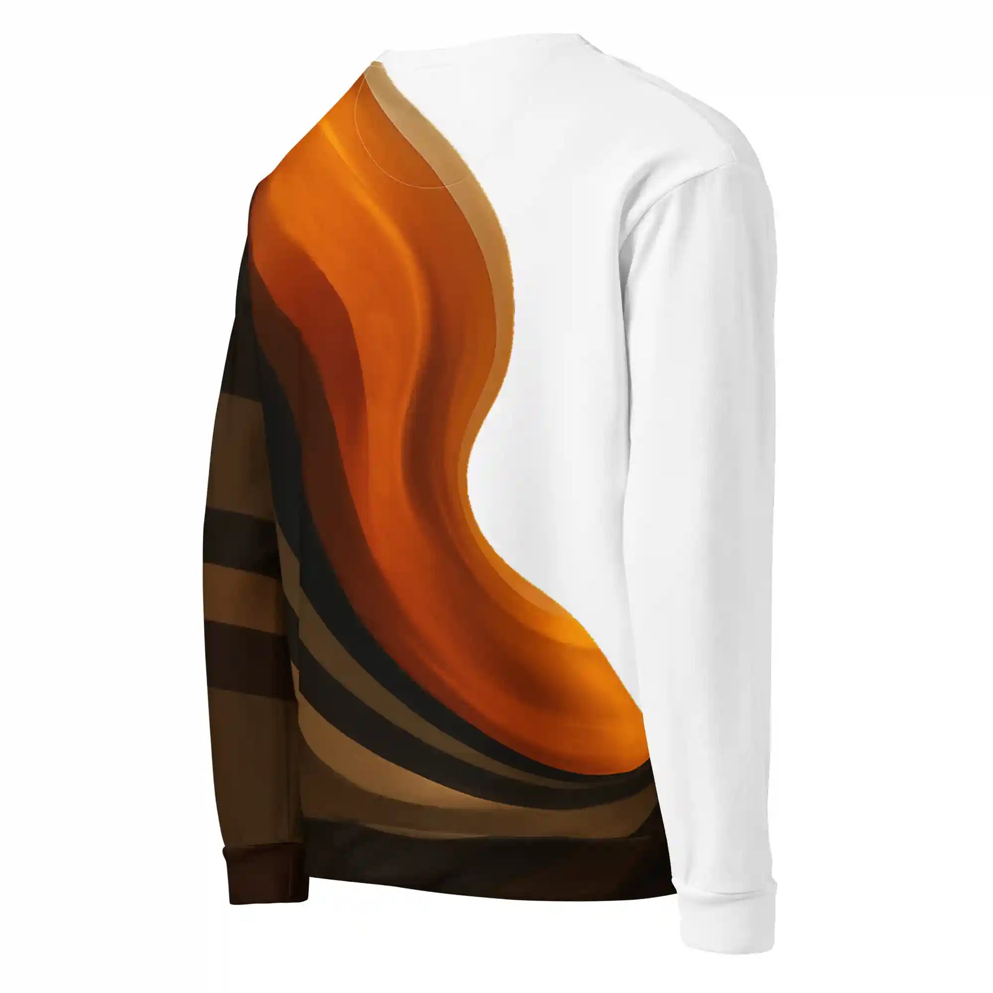Ghost mannequin right-back angle of abstract swirl sweatshirt, showing flowing orange and brown wave design continuing onto sleeve.