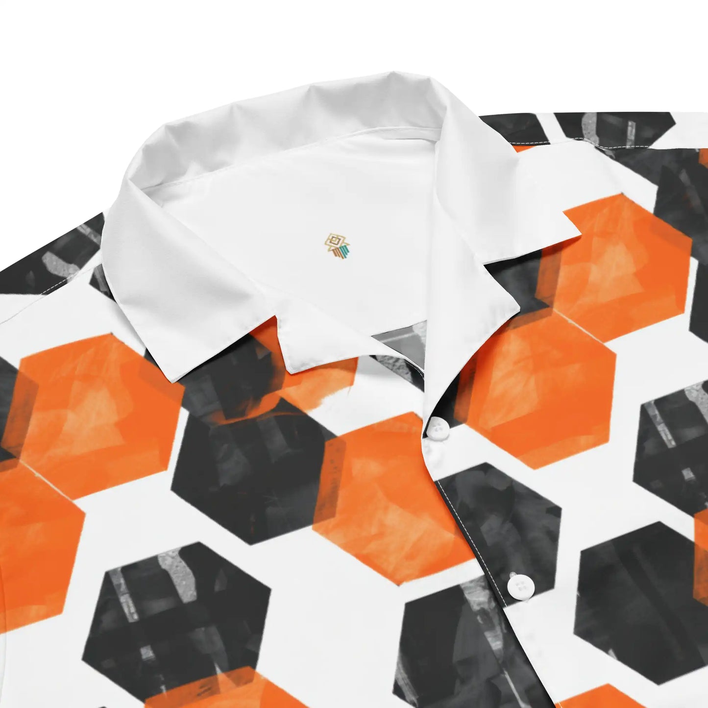 Close-up of the HexaFlux Geometric Button-Up Shirt collar and buttons, showing the crisp print detail and Haven of Dreams signature inner mark.