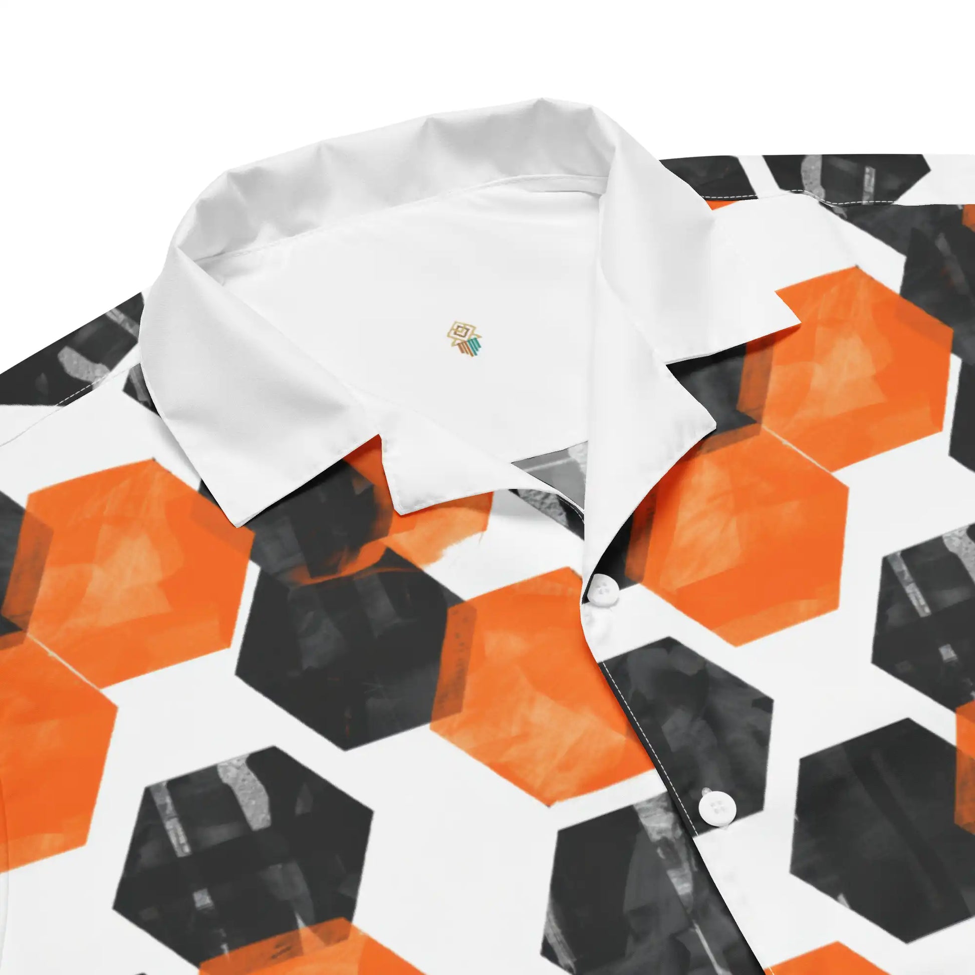 Close-up of the HexaFlux Geometric Button-Up Shirt collar and buttons, showing the crisp print detail and Haven of Dreams signature inner mark.