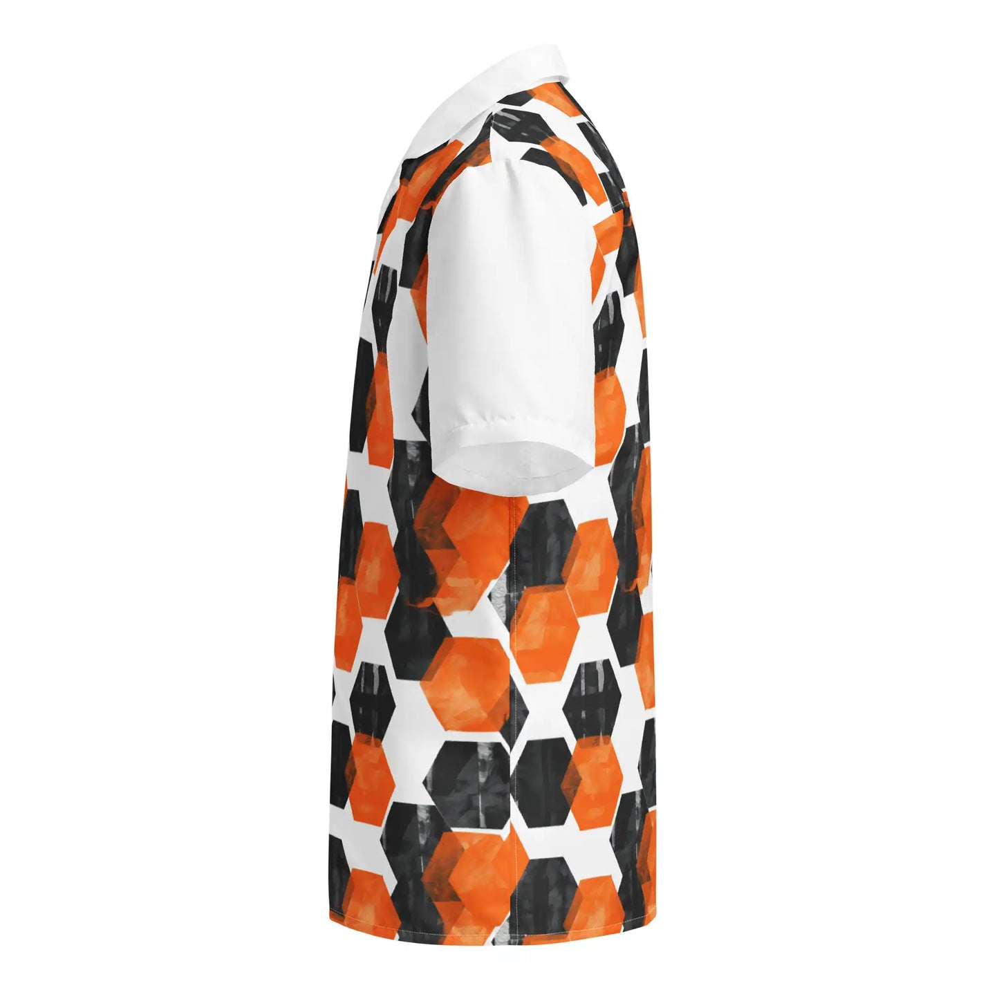 Left side view of the HexaFlux Geometric Button-Up Shirt highlighting the continuous geometric pattern and short-sleeve detailing.
