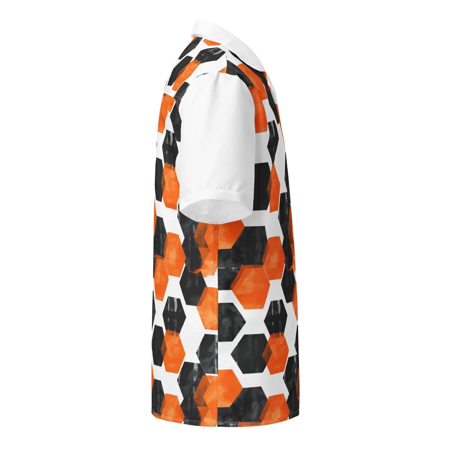 Right side view of the HexaFlux Geometric Button-Up Shirt with bold orange and charcoal hexagon artwork on a clean white background.