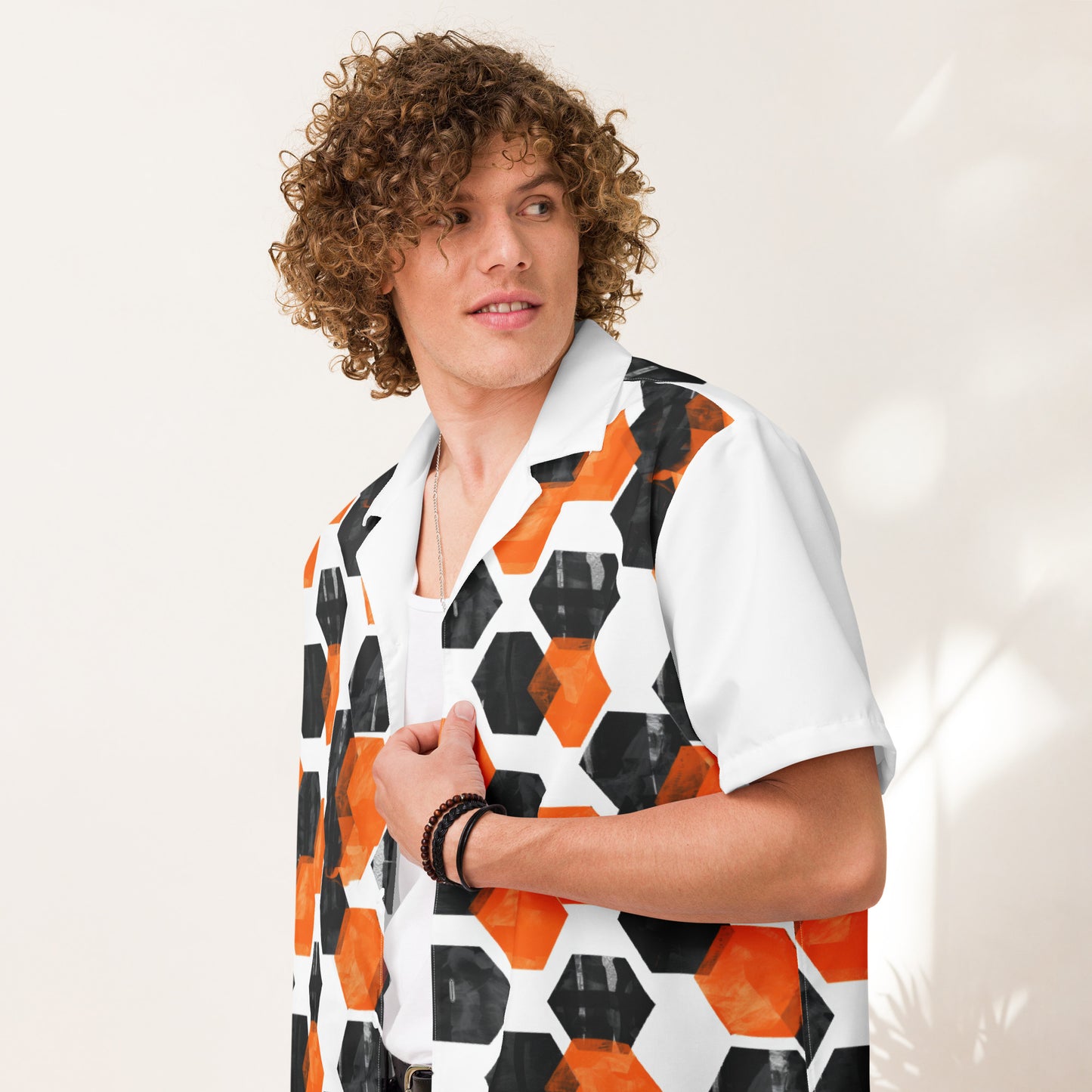 Trendy, Modern, Black and Orange Hexagon Print Shirt, Geometric Top