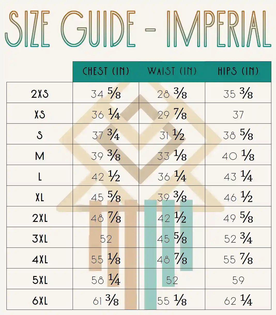 Hoodie size chart using Imperial measurements