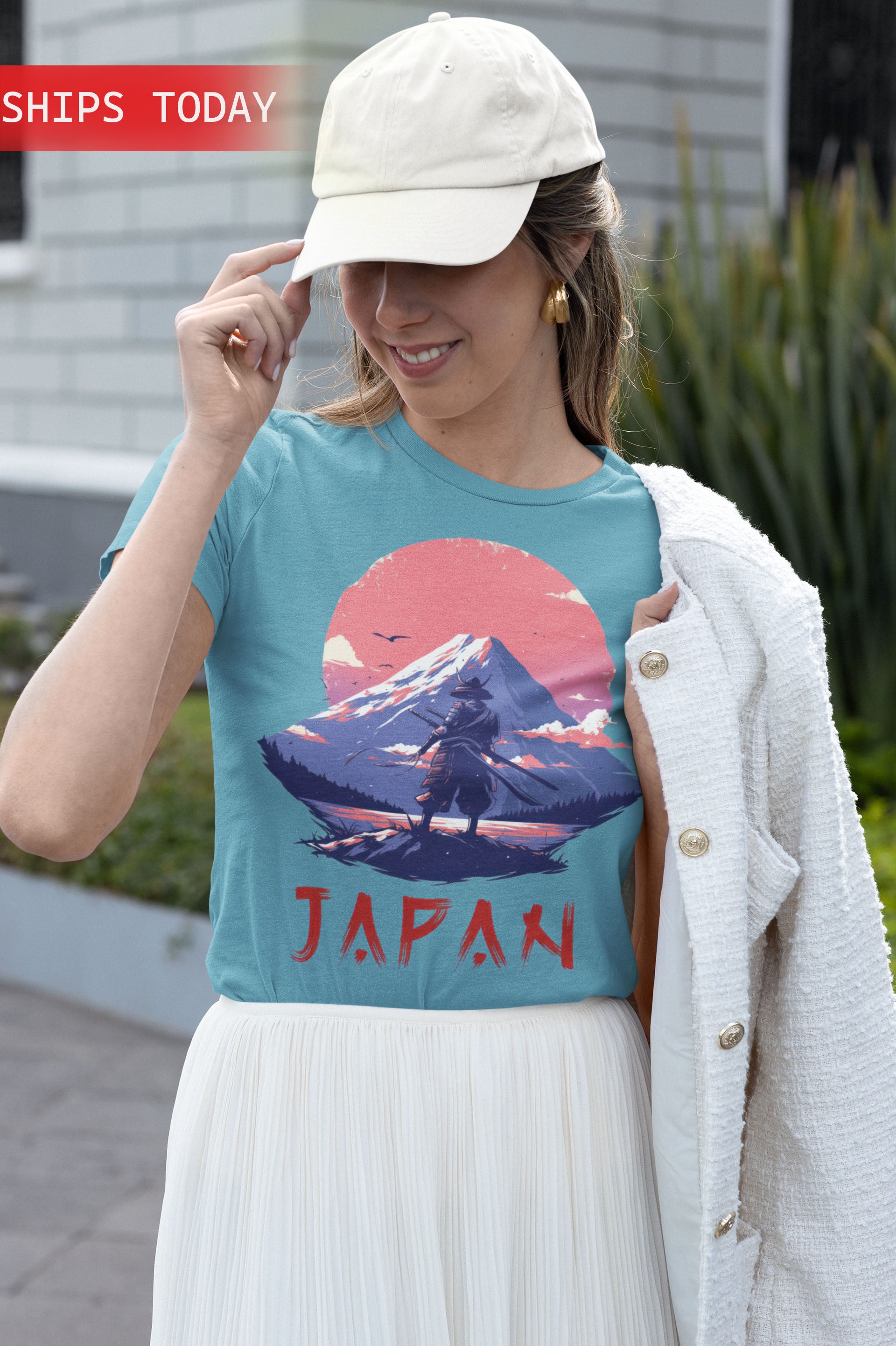 Arigato, Nippon, Japan, Samurai, Mt Fuji, Samurai standing in front of Mt Fuji, Samurai Warrior, Japan tee, Samurai tee, Samurai clothing