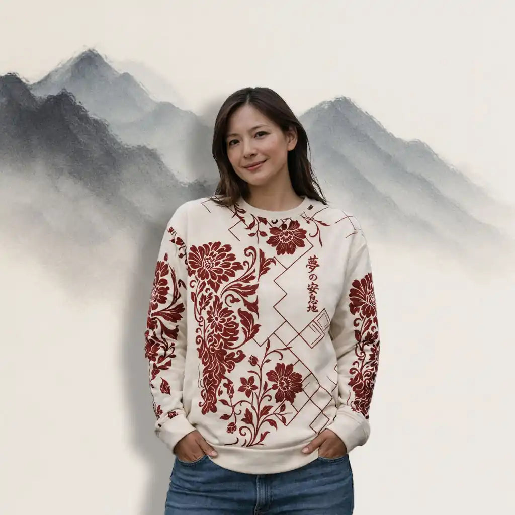 Person wearing a white sweater with red floral patterns against a mountainous background