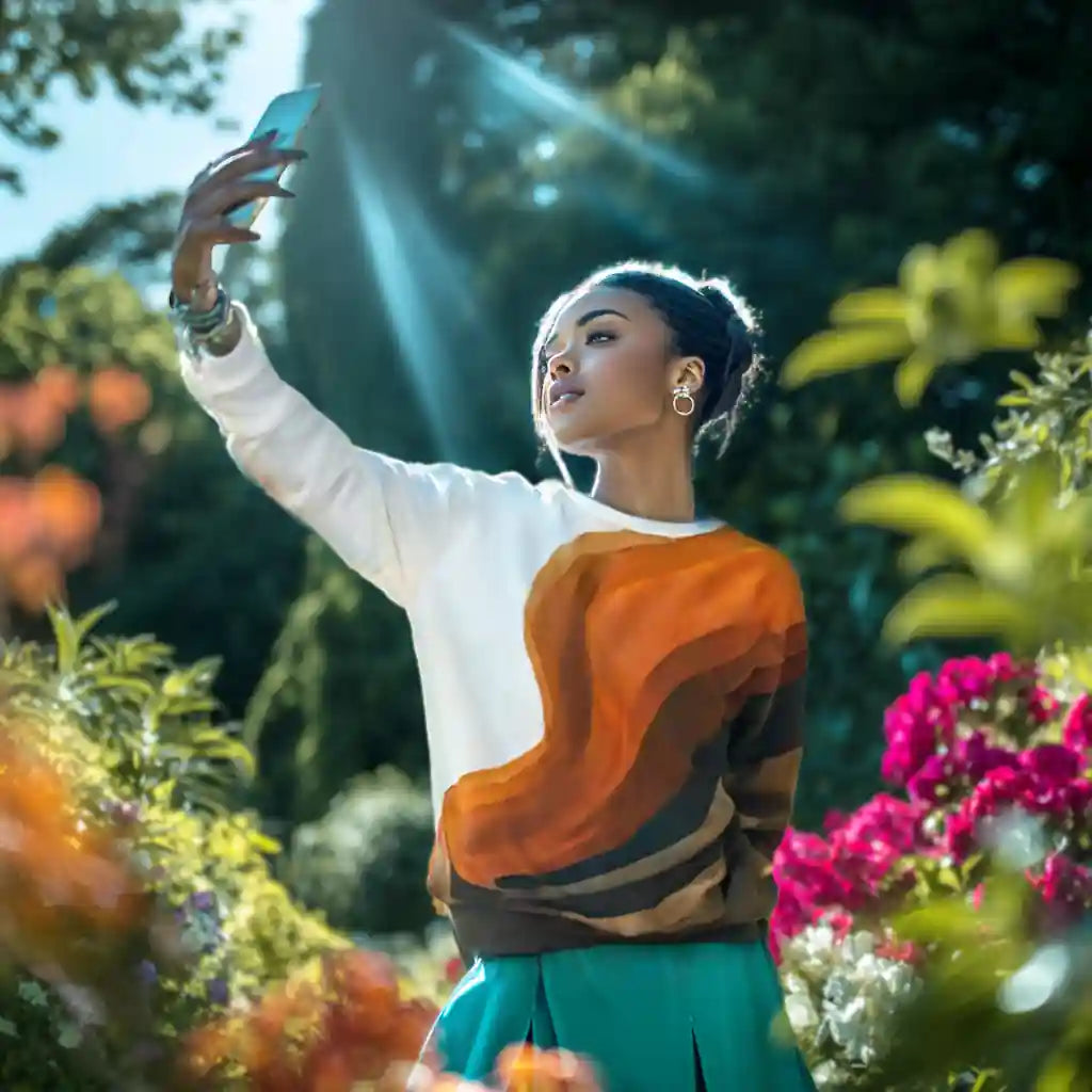 Lifestyle photo of woman wearing swirl-pattern sweatshirt in garden setting, bold orange and brown wave design contrasted against bright flowers.