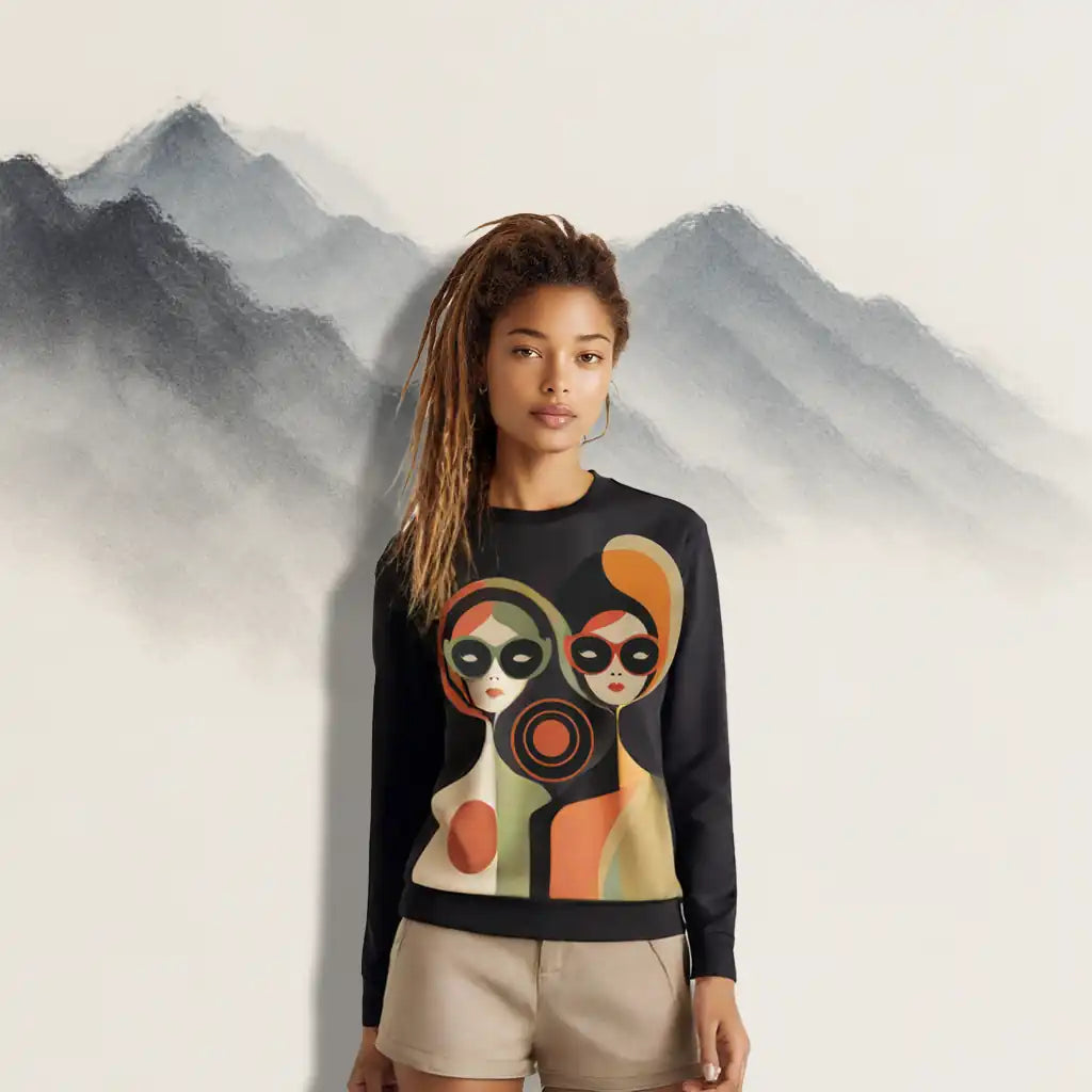 A woman with glasses and a plaid skirt wearing the black 'Mod Muse' sweatshirt in a city setting, showcasing its stylish unisex fit.