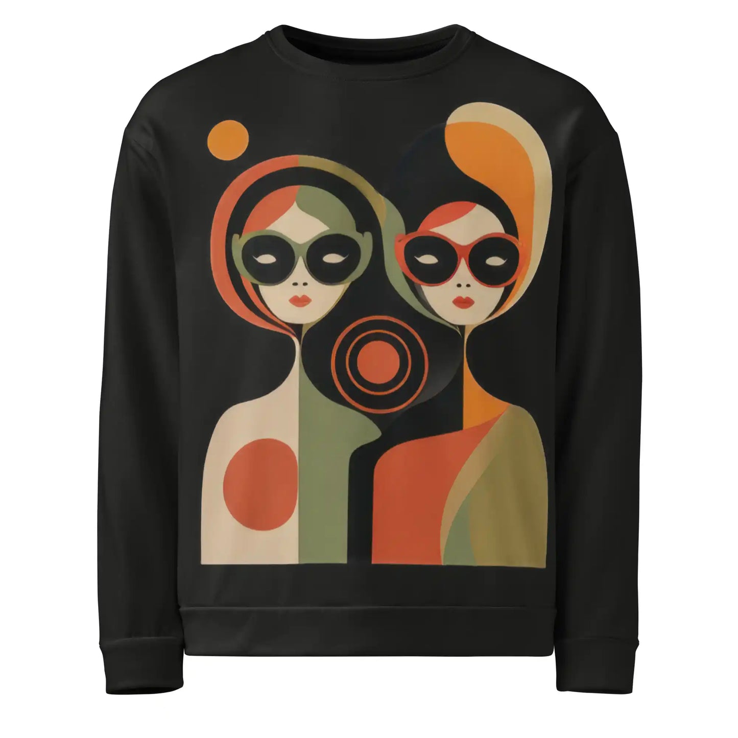 Front view of the 'Mod Muse' black graphic sweatshirt, featuring a bold, 60s-inspired pop art illustration of two stylized women in sunglasses.