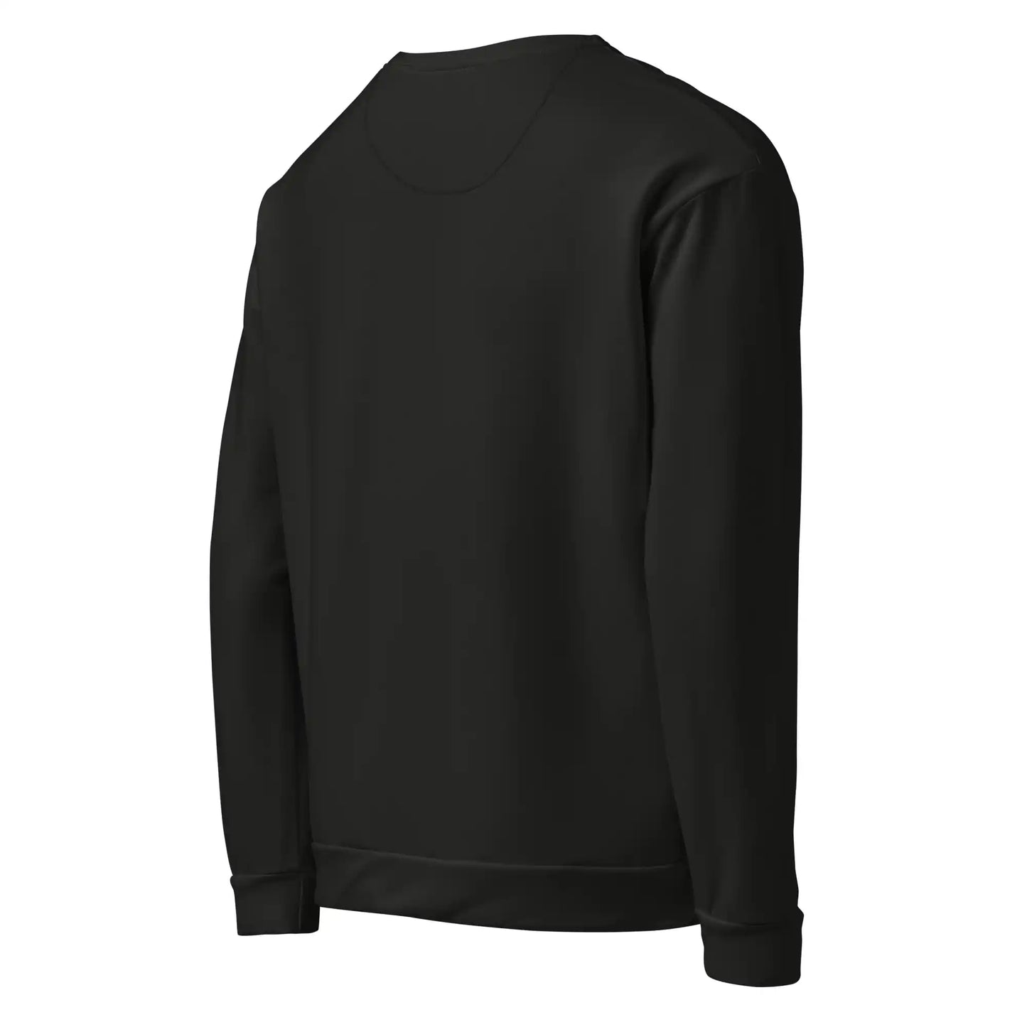 Rear-right angled view of the 'Mod Muse' sweatshirt, displaying the solid black back, sleeve, and ribbed cuff and hem detail.