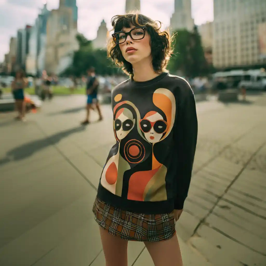 Lifestyle photo of a woman wearing the black 'Mod Muse' retro graphic sweatshirt and a plaid skirt in a bustling city plaza, highlighting its unique pop art style.