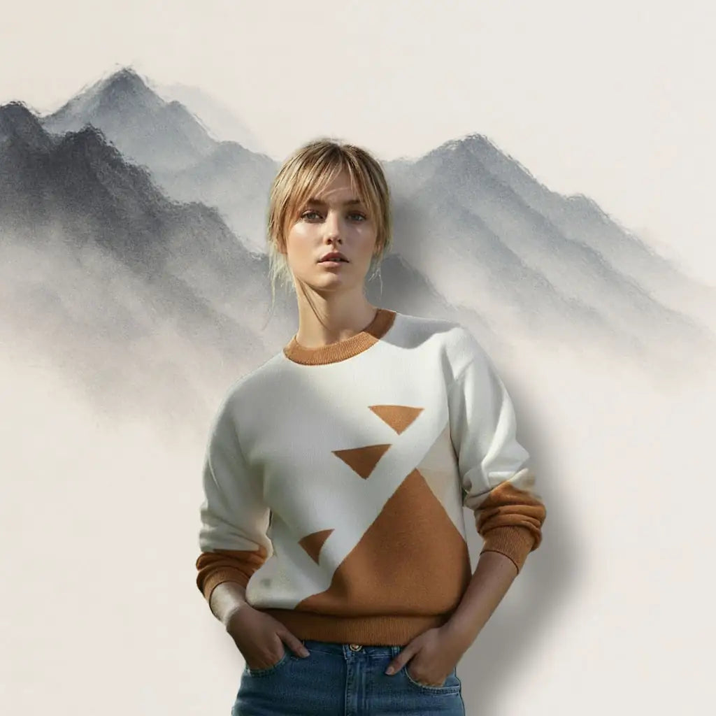 Studio shot of the Desert Geometry jacquard sweater by Haven of Dreams, modeled against a minimalist mountain backdrop. Features terracotta triangle motif on cream cotton blend.