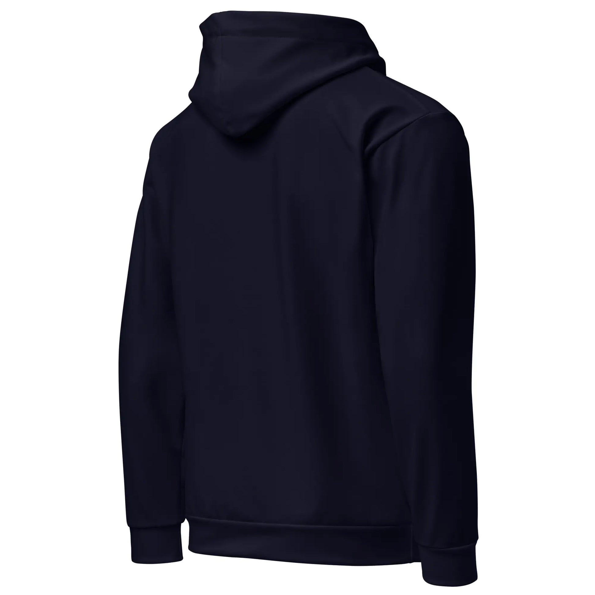 Angled back-right view of the navy Neon Femme Portrait Hoodie showing the smooth fabric and clean construction.