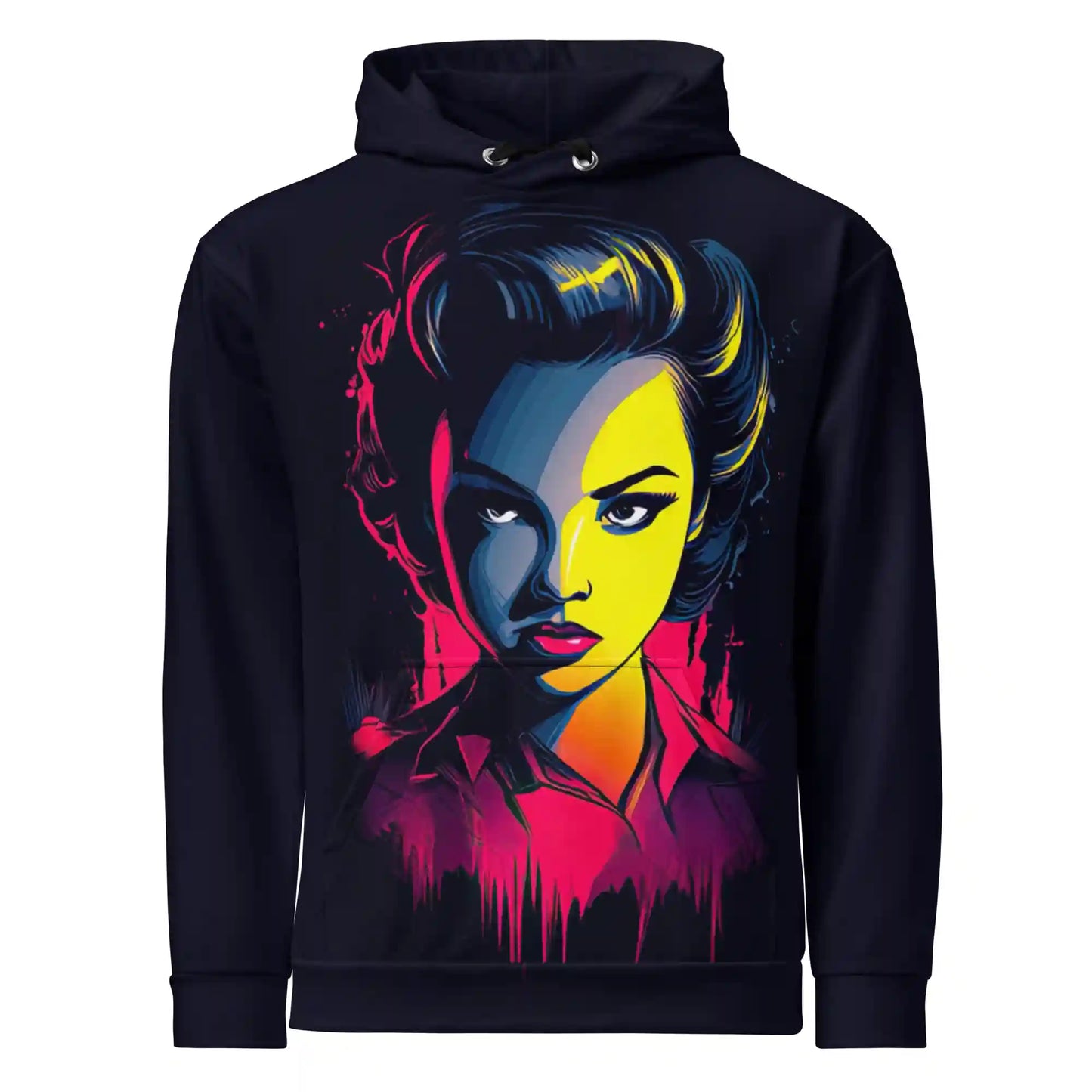 Front-facing ghost mannequin view of the Neon Femme Portrait Hoodie with bold pop-art portrait in neon yellow, blue, and magenta.