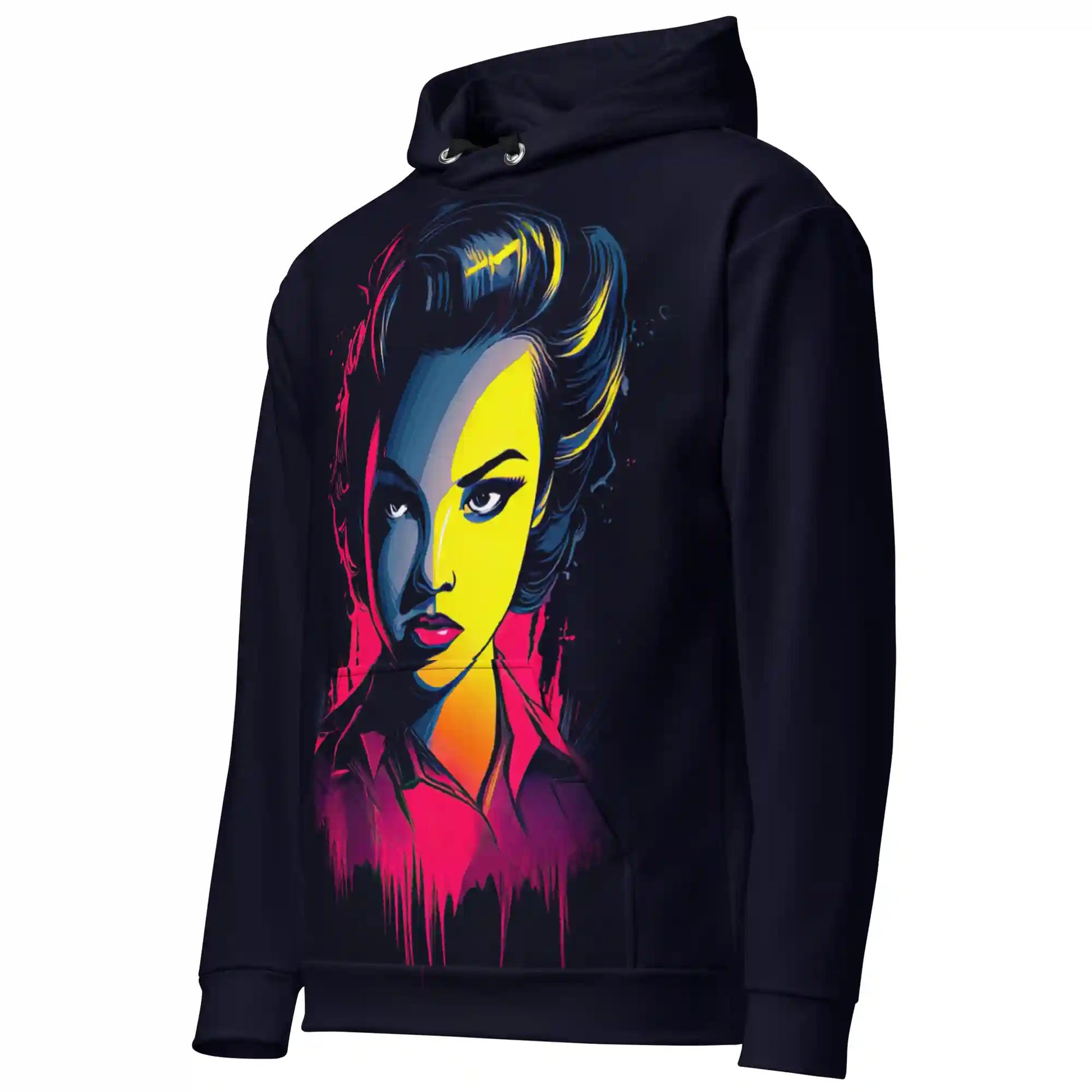 Angled front-left ghost mannequin view of the Neon Femme Portrait Hoodie showing the vivid neon portrait artwork and colour transitions.